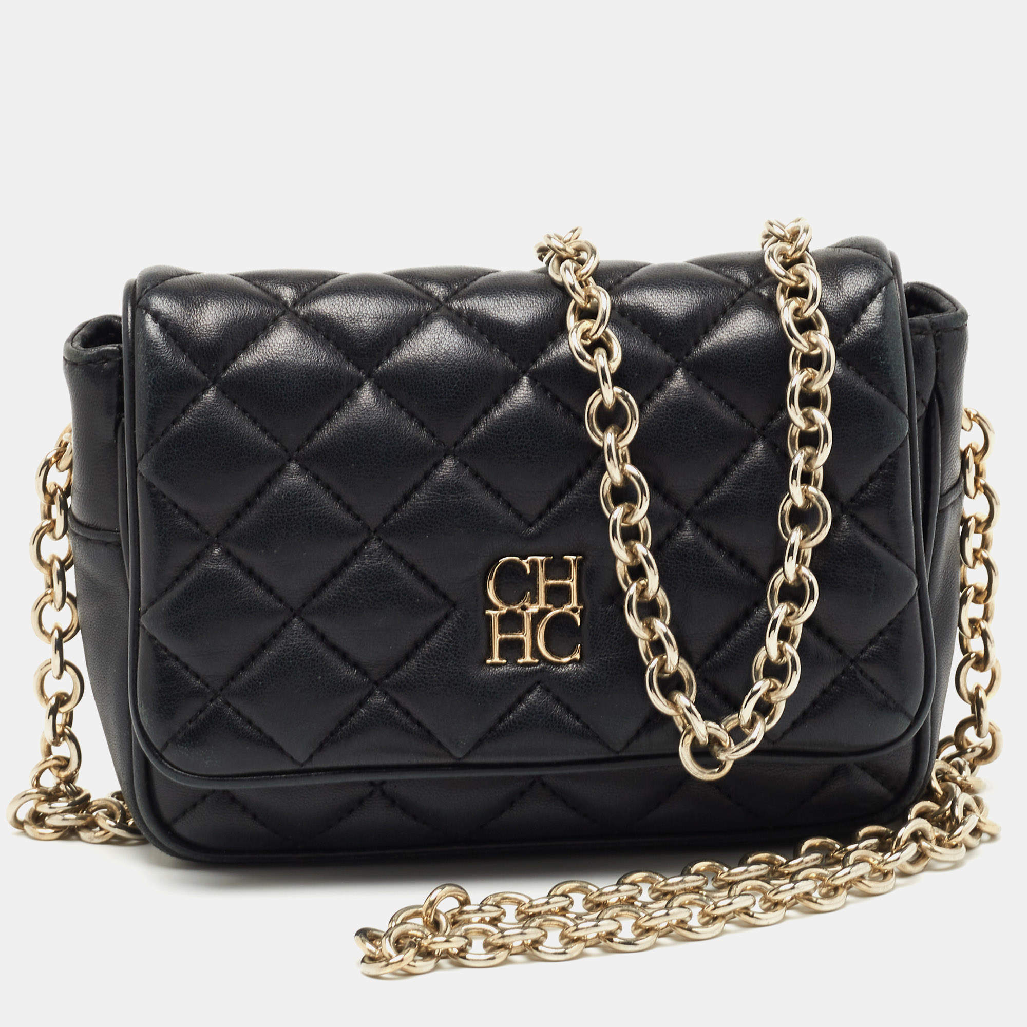 Pre Owned CH Carolina Herrera Black Quilted Leather Chain Crossbody Bag