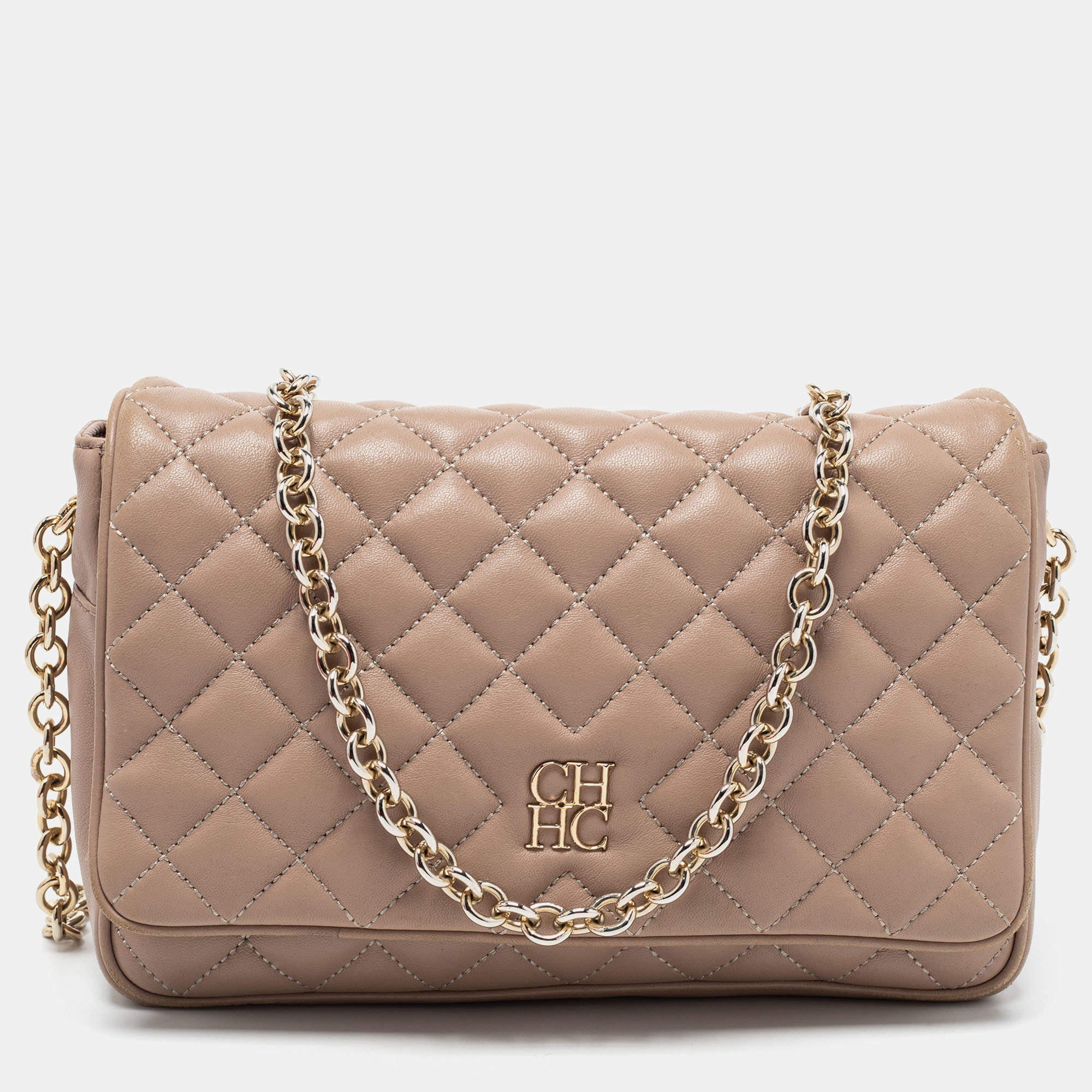 Pre Owned CH Carolina Herrera Beige Quilted Leather Chain Flap Shoulder Bag