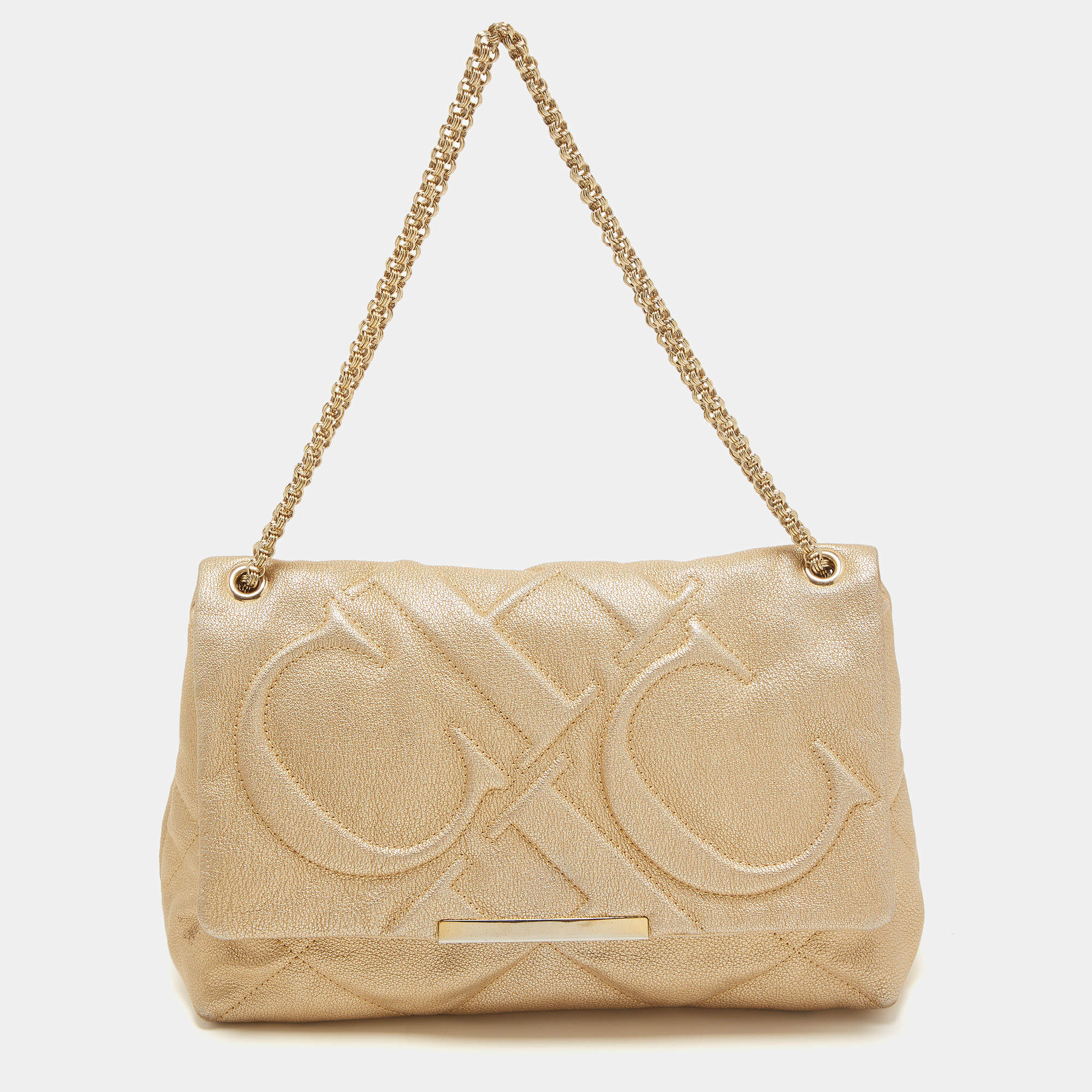 Pre Owned CH Carolina Herrera Gold Embossed Leather Metal Flap Shoulder Bag