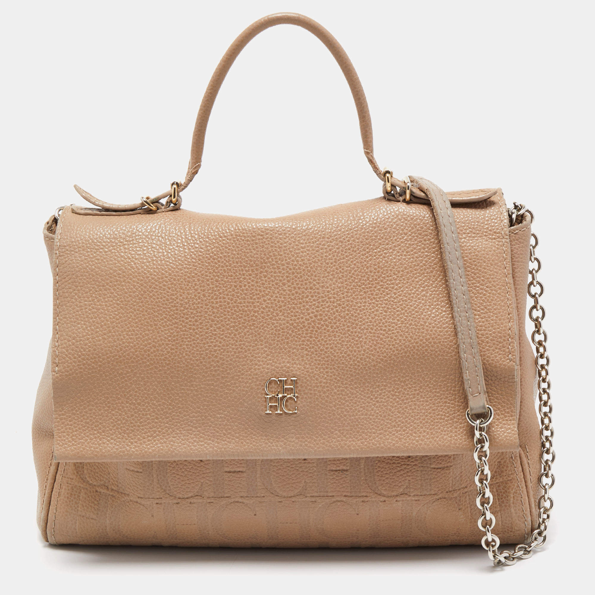 CH Carolina Herrera Beige Leather Minuetto Flap Top Handle Bag