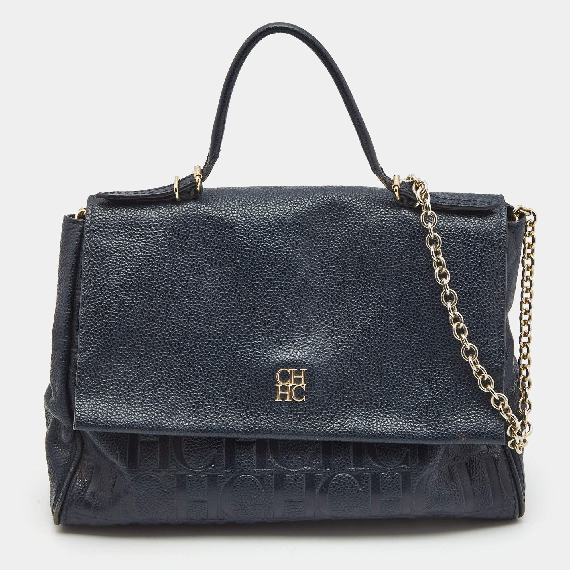 Pre Owned CH Carolina Herrera Navy Blue Leather Minuetto Flap Top Handle Bag