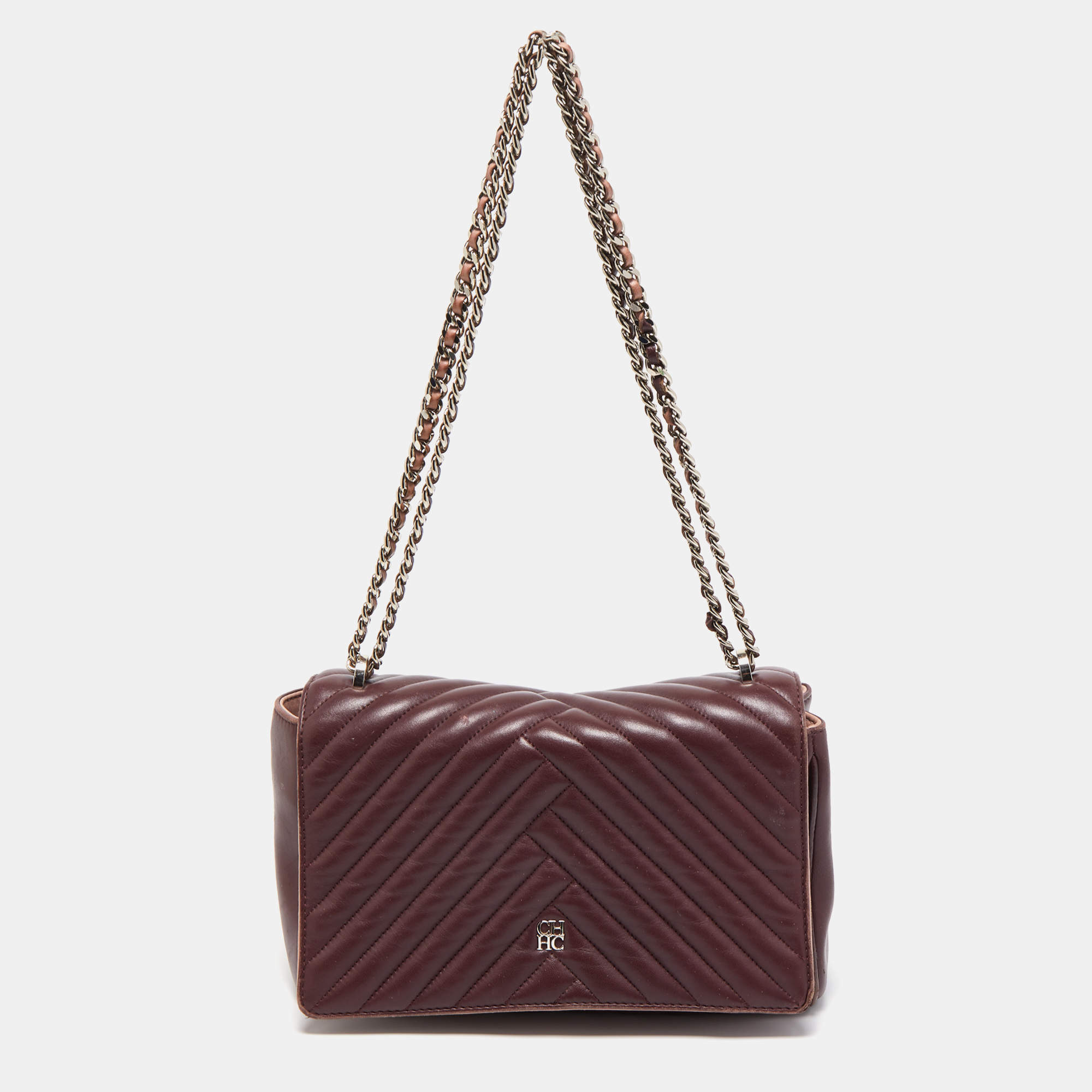 Pre Owned CH Carolina Herrera Burgundy Chevron Leather CH Logo Flap Shoulder Bag