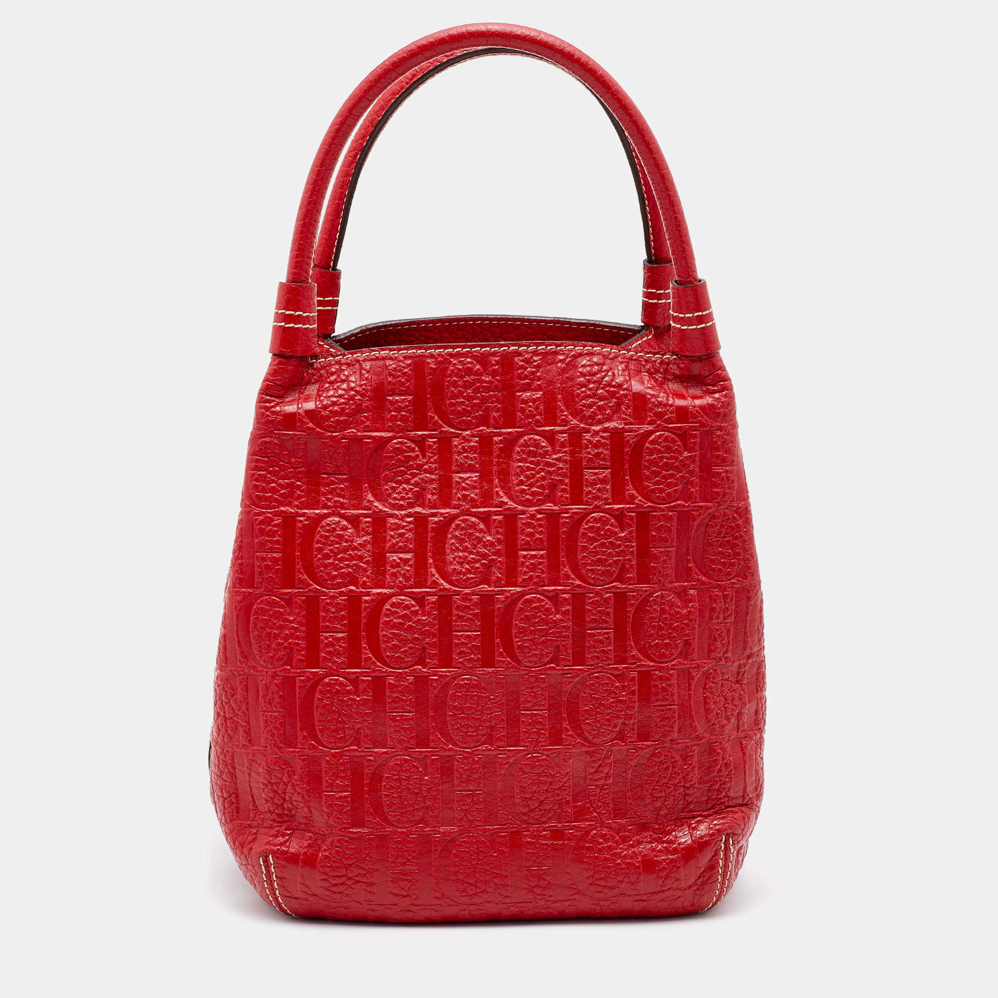 Pre Owned CH Carolina Herrera Red Monogram Embossed Leather Bucket Bag