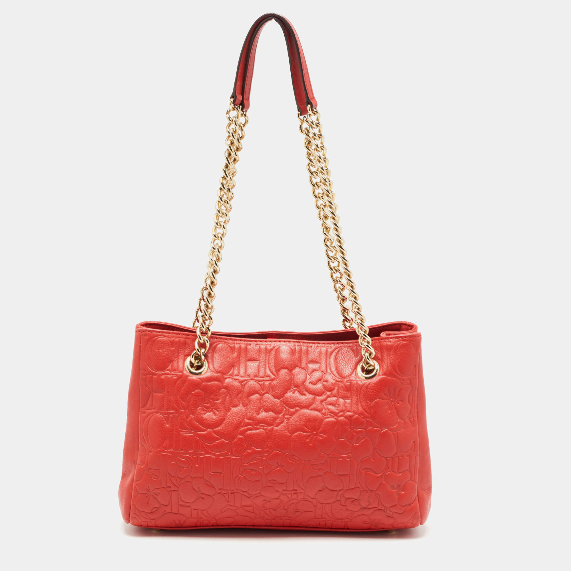 Pre Owned CH Carolina Herrera Red Embossed Leather Chain Tote