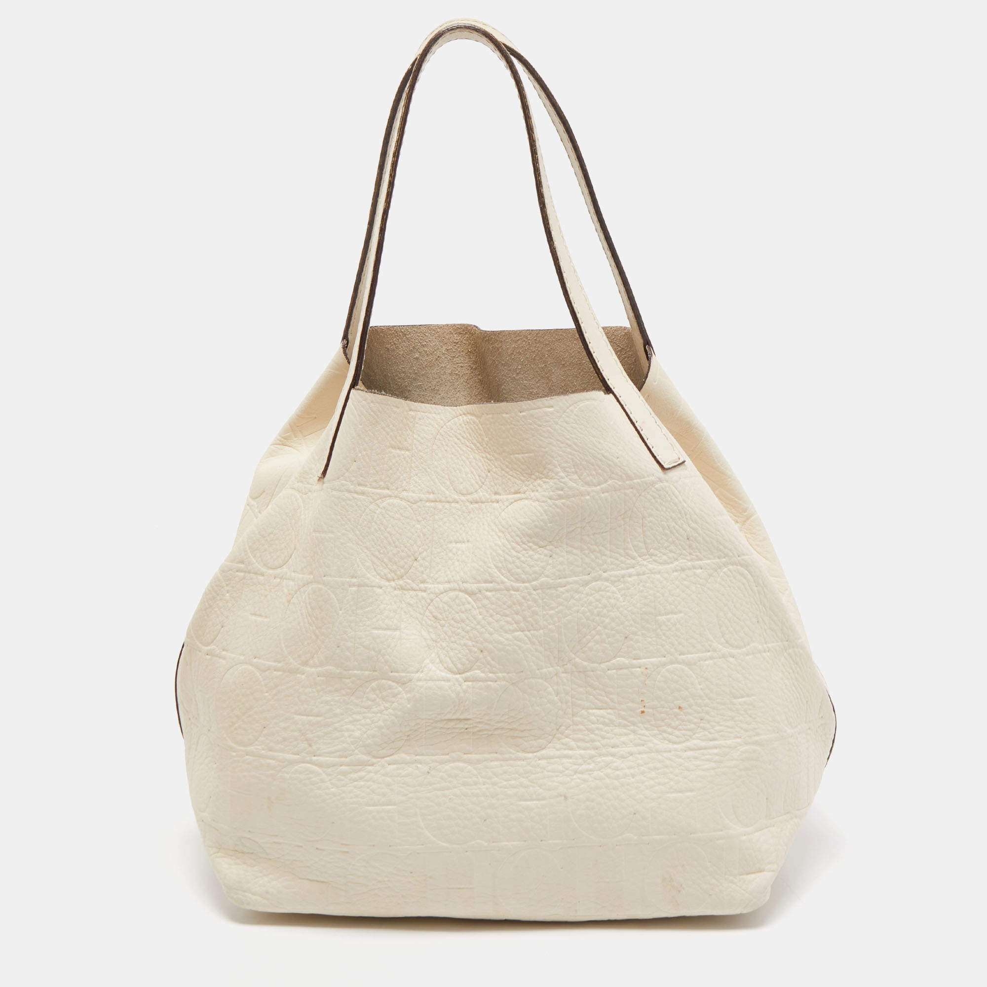 Pre Owned CH Carolina Herrera Off White Monogram Embossed Leather Matryoshka Tote