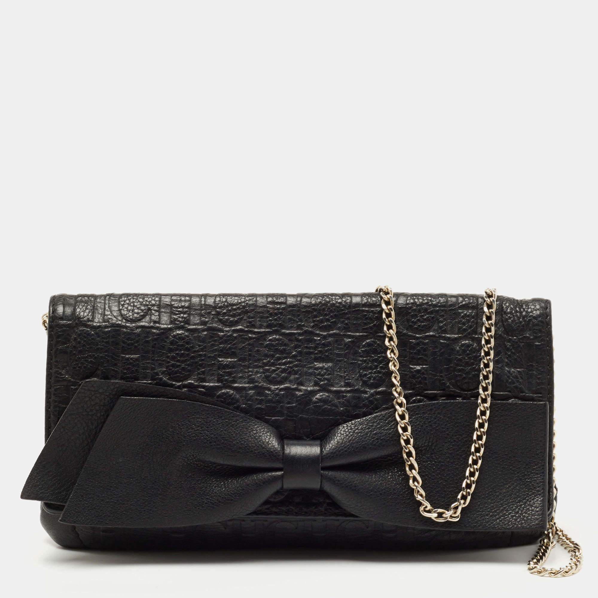Pre Owned CH Carolina Herrera Black Monogram Embossed Leather Bow Chain Clutch