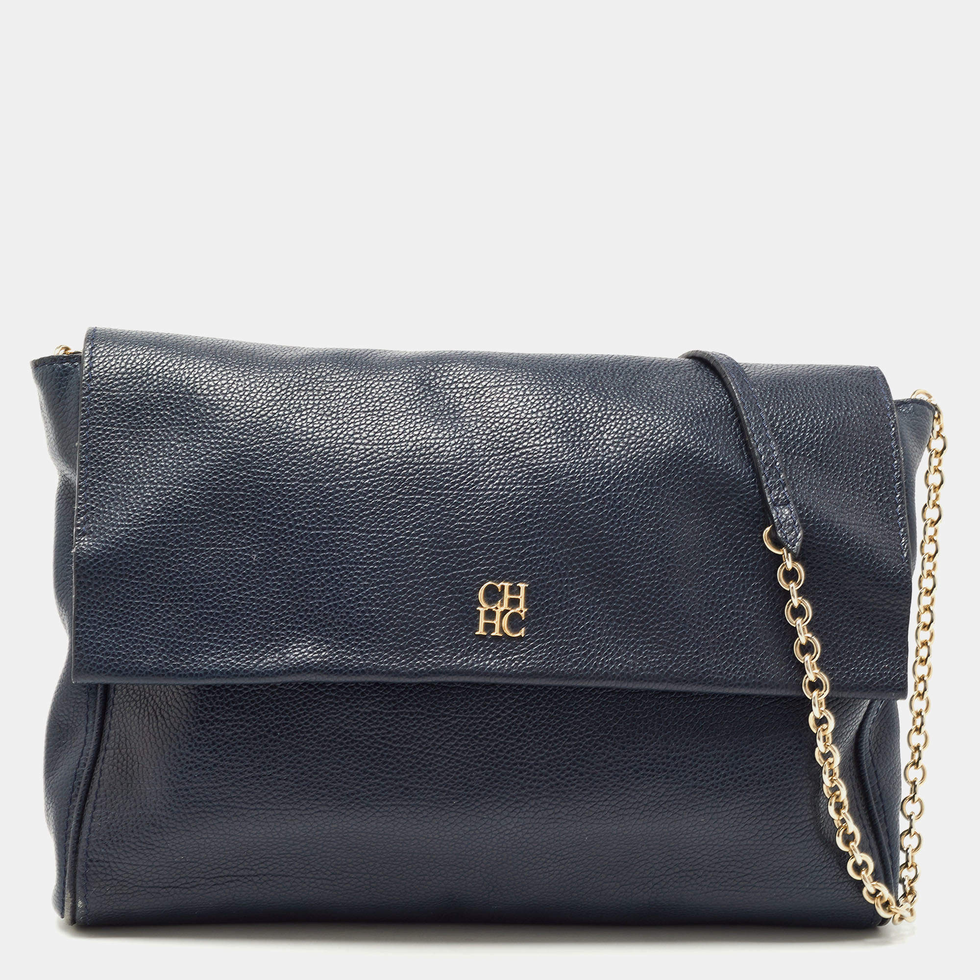 Pre Owned CH Carolina Herrera Blue Leather Flap Shoulder Bag