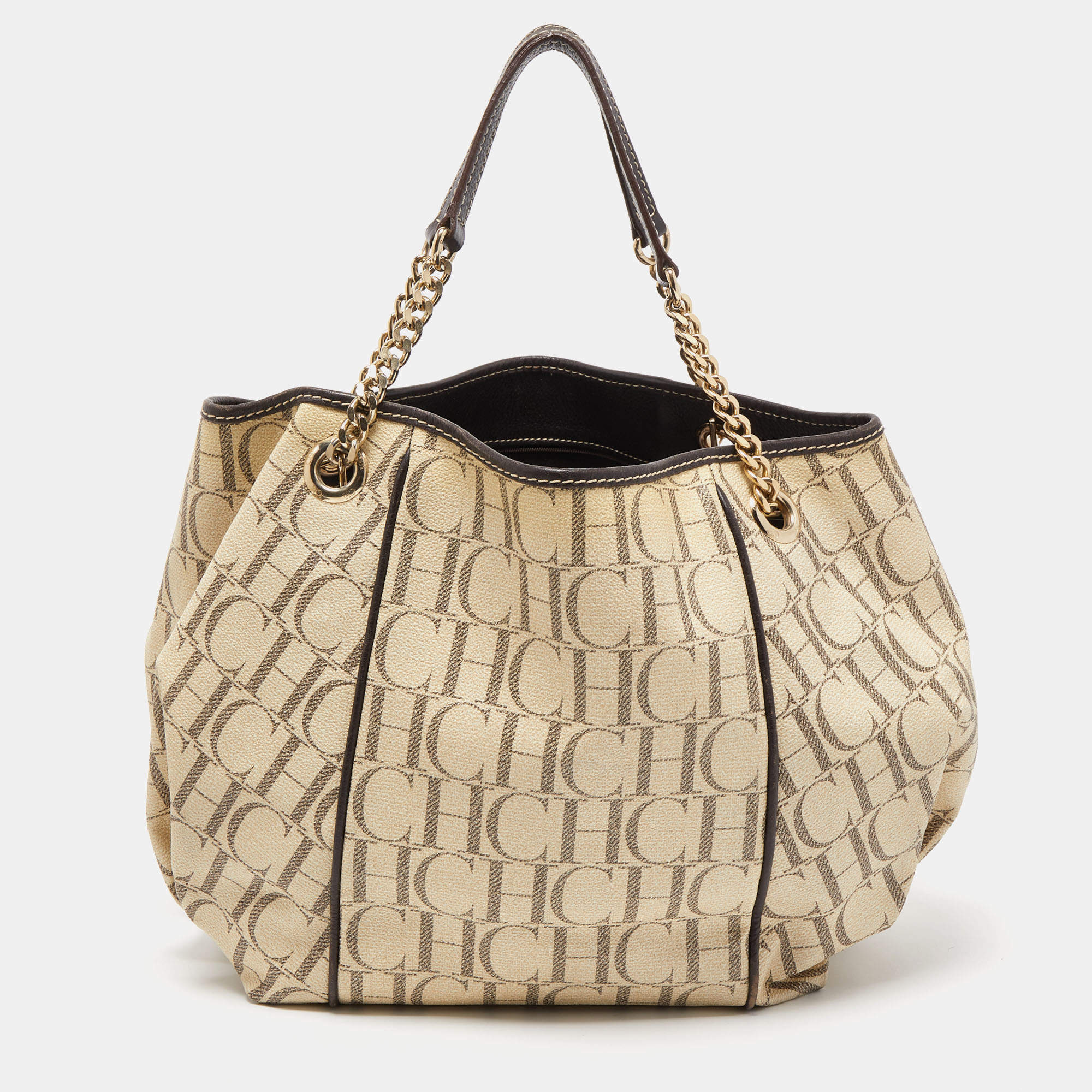 مملوكة مسبقًا CH Carolina Herrera Off White/Brown Monogram Coated Canvas and Leather Chain Tote