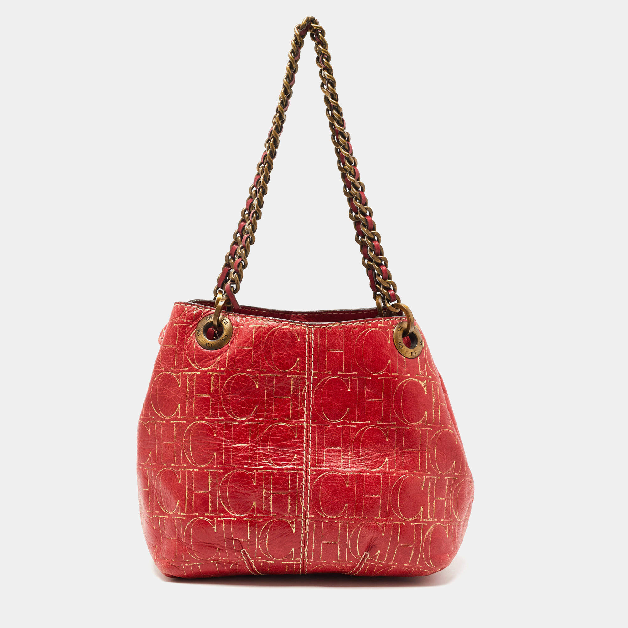Pre Owned CH Carolina Herrera Red Monogram Embossed Leather Chain Shoulder Bag
