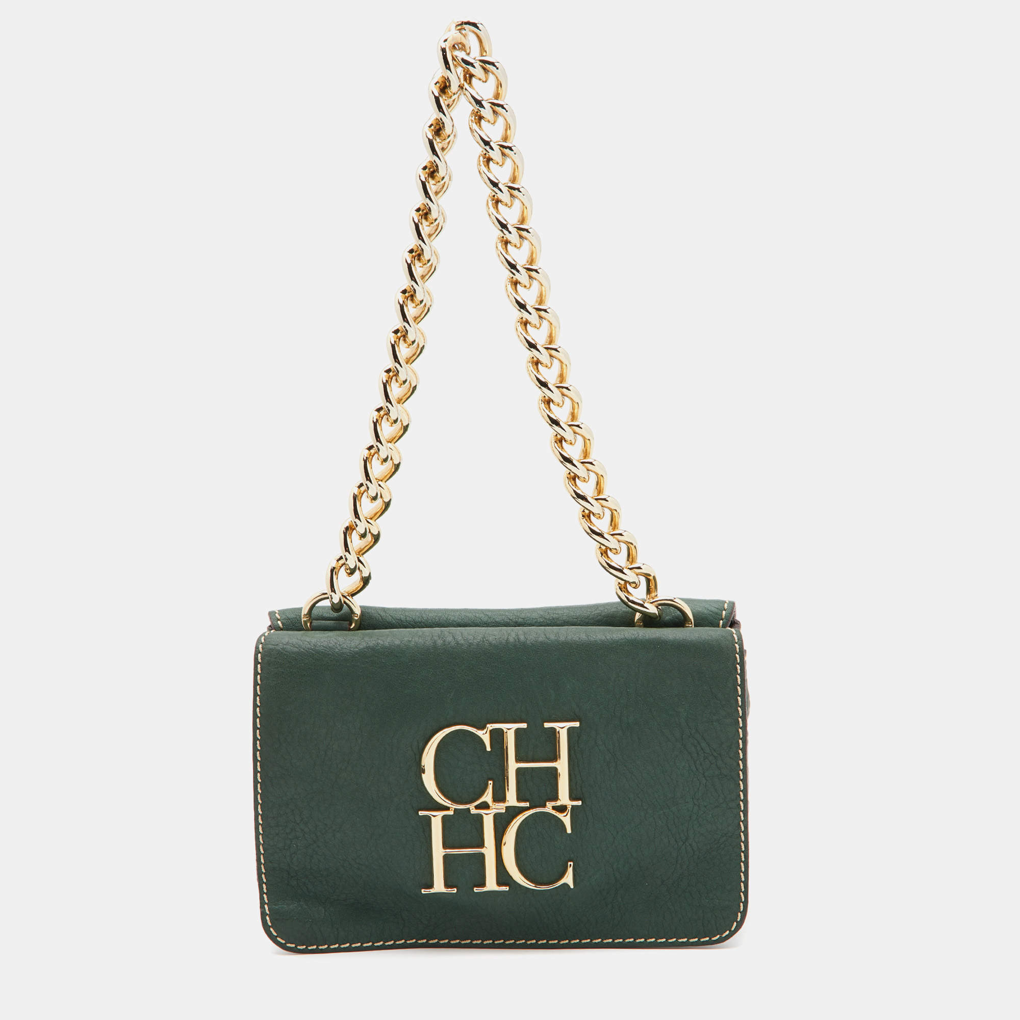 CH Carolina Herrera Green Leather Double Flap Chain Baguette Bag