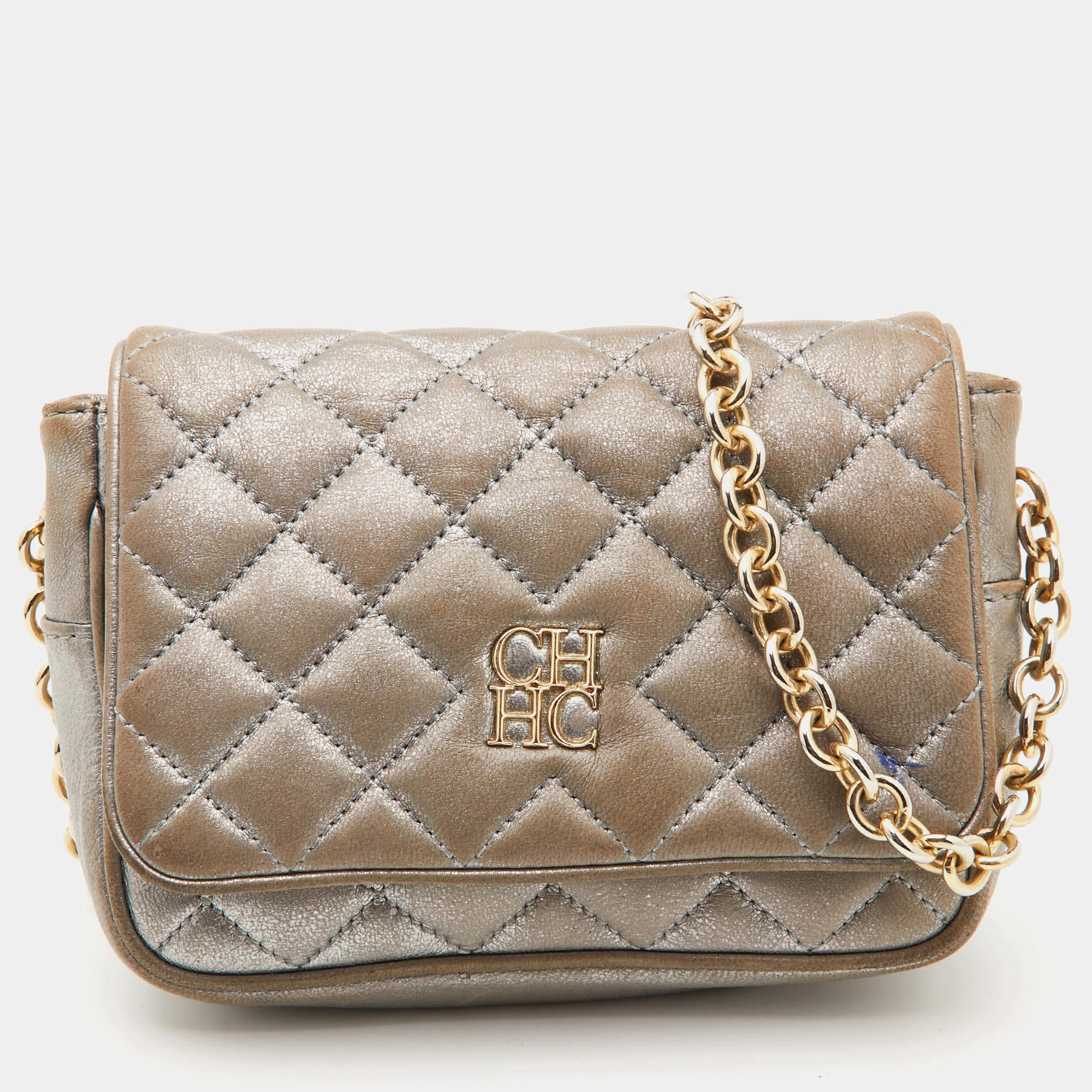 CH Carolina Herrera Silver Quilted Leather Chain Crossbody Bag CH