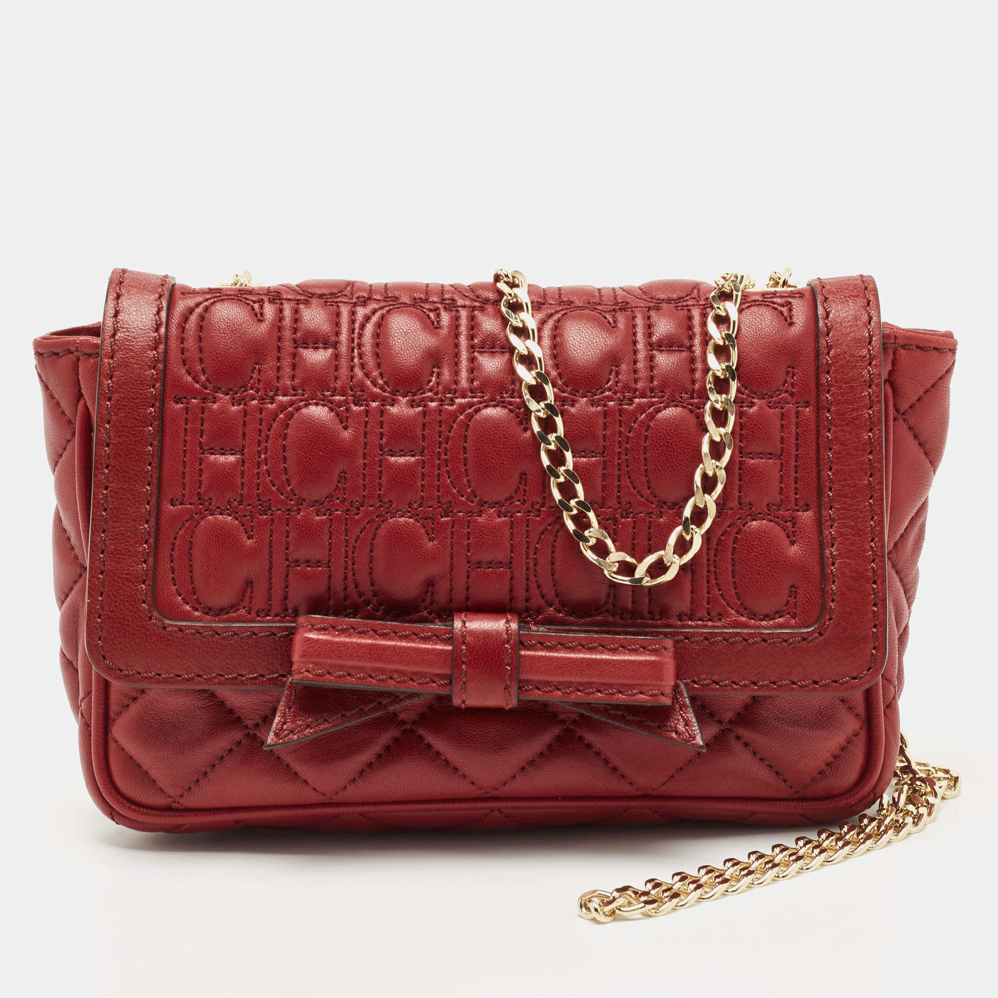 CH Carolina Herrera Red Quilted Leather Monogram Bow Crossbody Bag