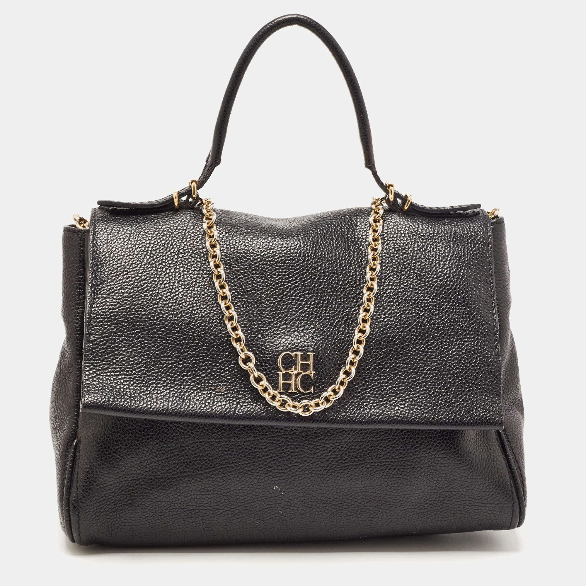 Pre Owned CH Carolina Herrera Black Leather Minuetto Flap Top Handle Bag