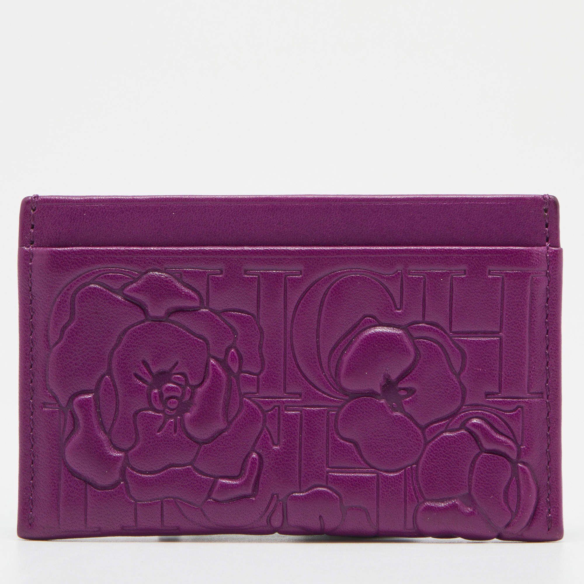 Pre Owned CH Carolina Herrera Purple Monogram Embossed Leather Card Holder