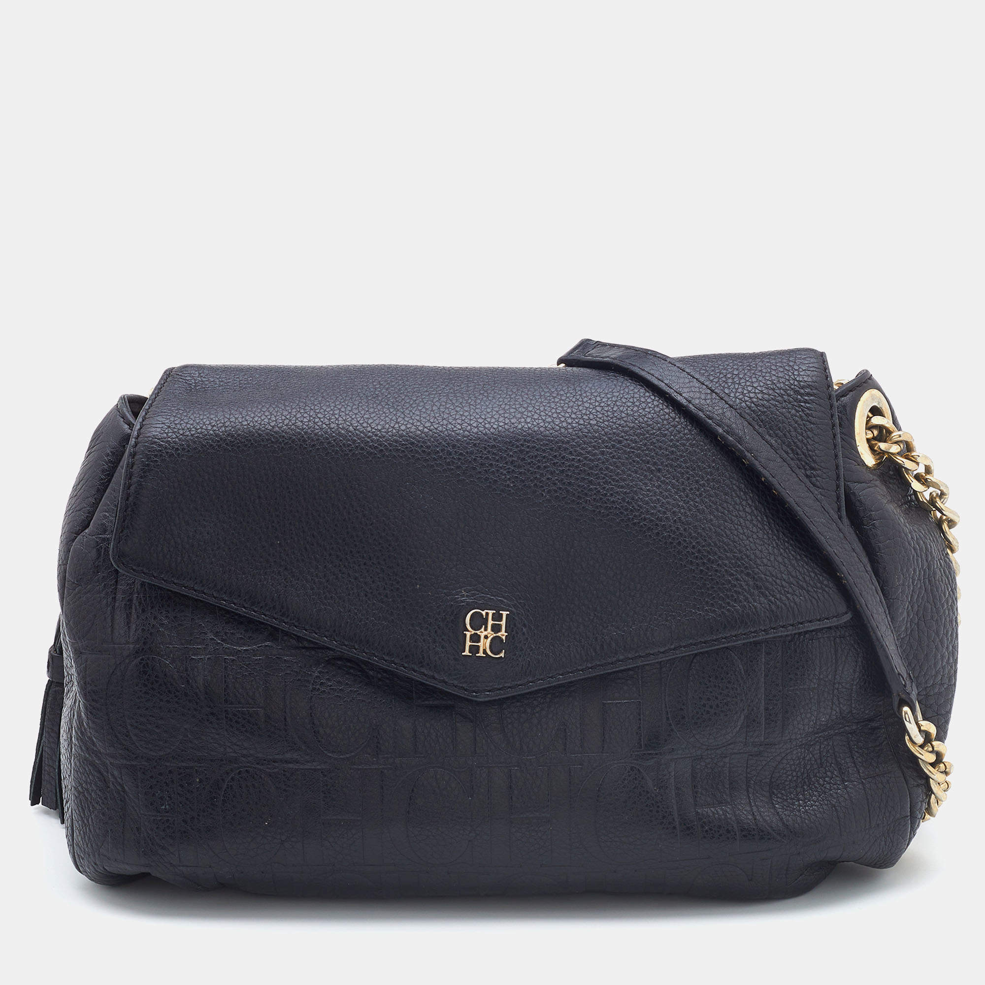 CH Carolina Herrera Monogram Black Embossed Leather Tassel Flap Shoulder Bag