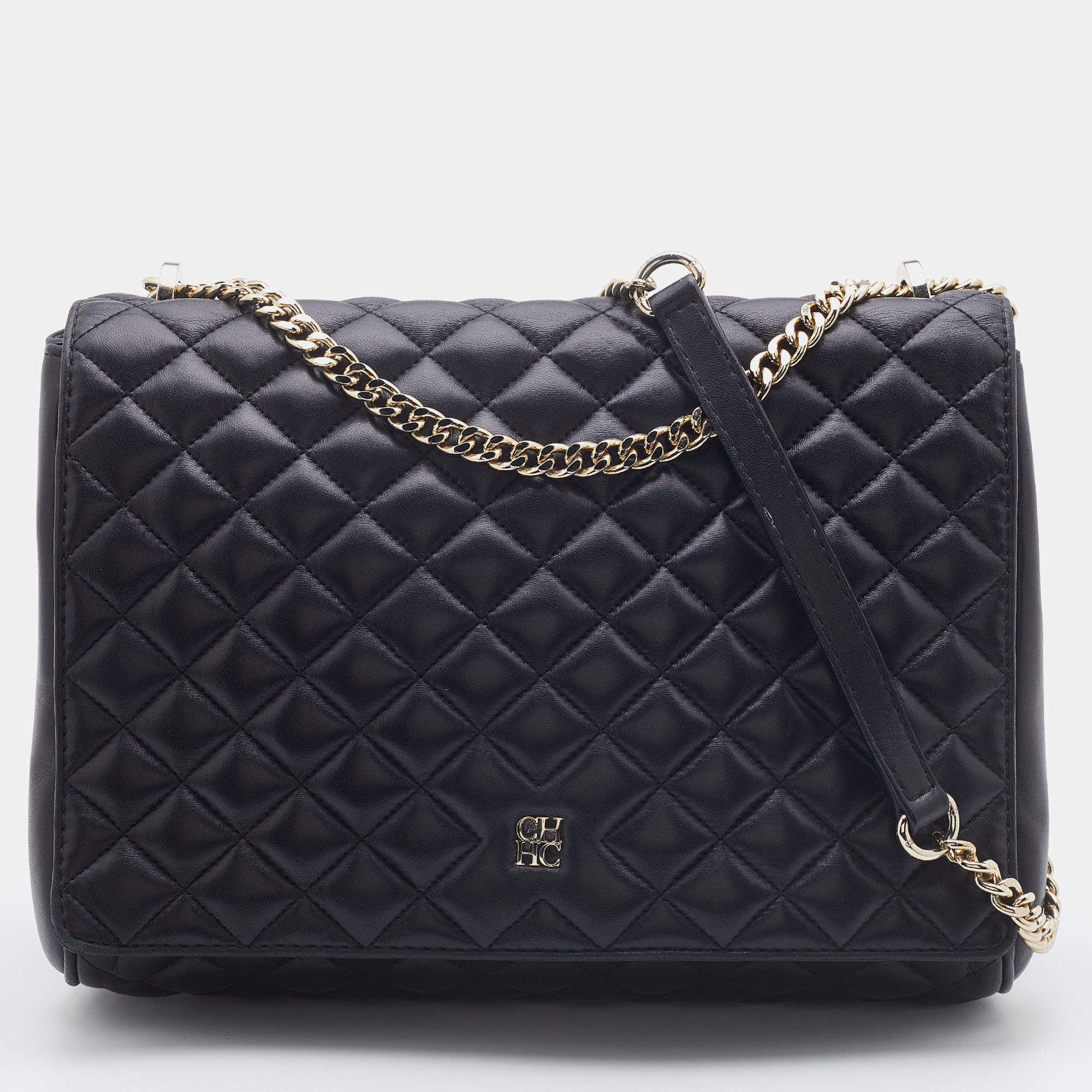 Pre Owned CH Carolina Herrera Black Quilted Leather Flap Chain Bag