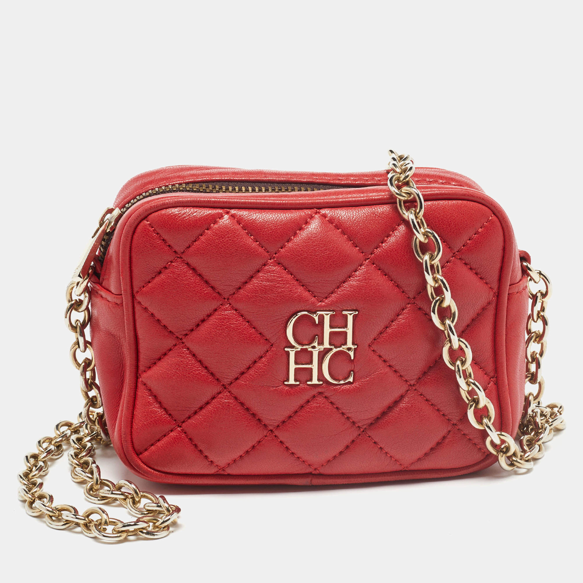 Pre Owned CH Carolina Herrera Red Quilted Leather Chain Crossbody Bag