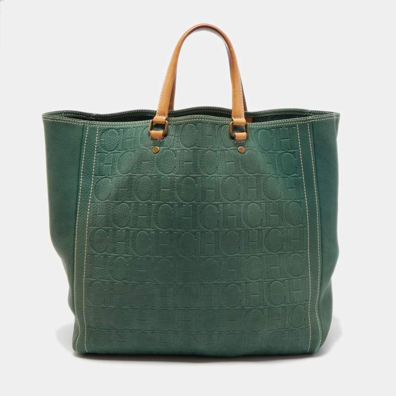 Pre Owned CH Carolina Herrera Green Monogram Leather Andy Tote