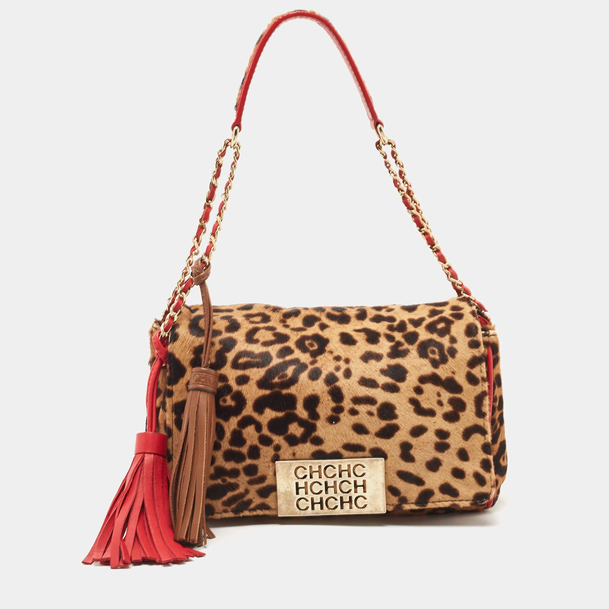 Pre Owned CH Carolina Herrera Red/Brown Leopard Print Calf Hair Tassel Shoulder Bag