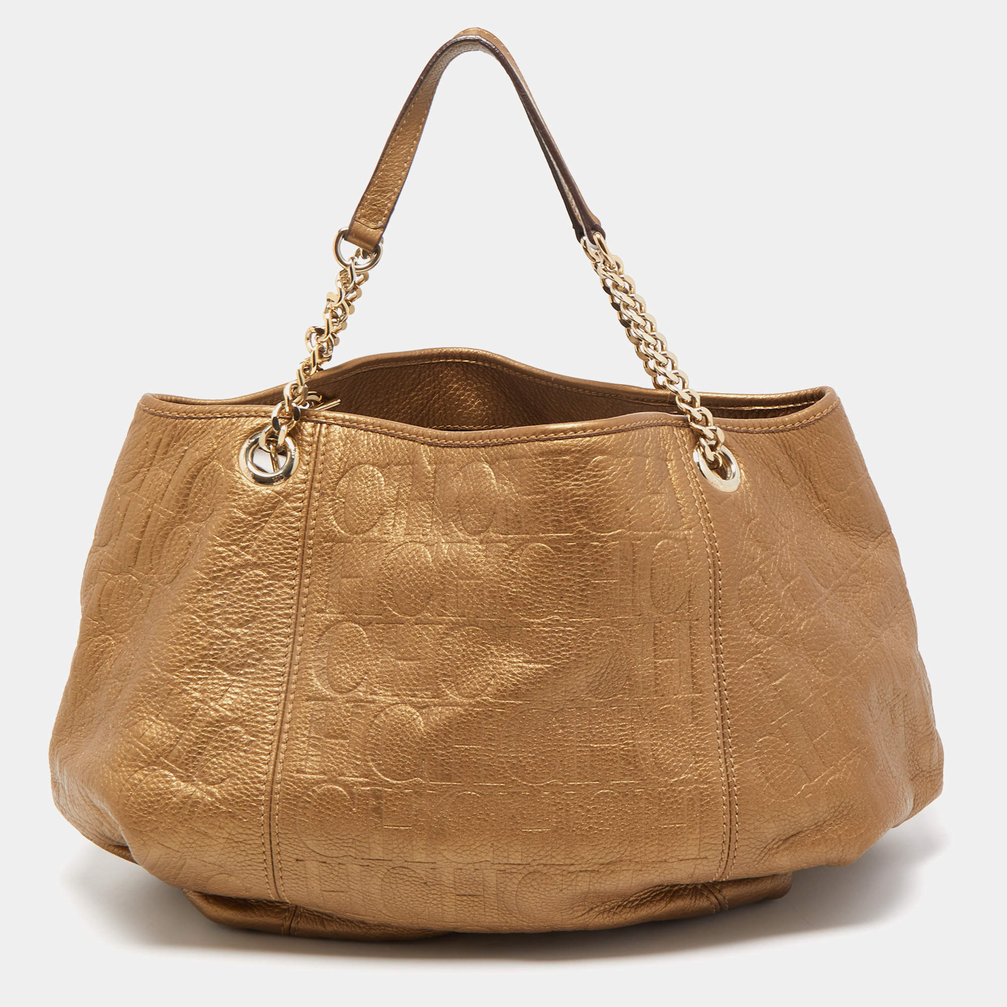 Pre Owned CH Carolina Herrera Gold Monogram Embossed Leather Dahlia Hobo