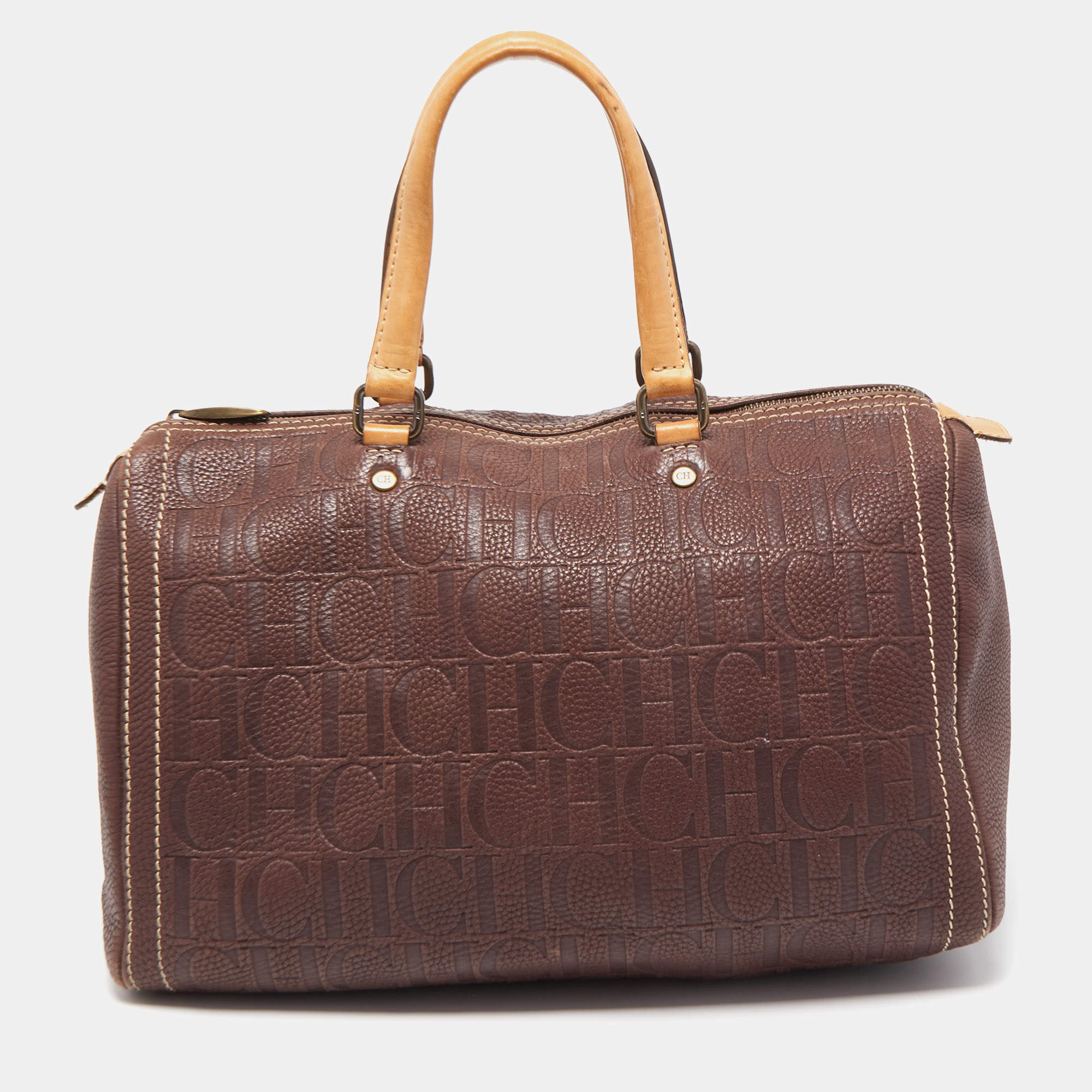 Pre Owned CH Carolina Herrera Choco Brown Monogram Leather Large Andy Boston Bag