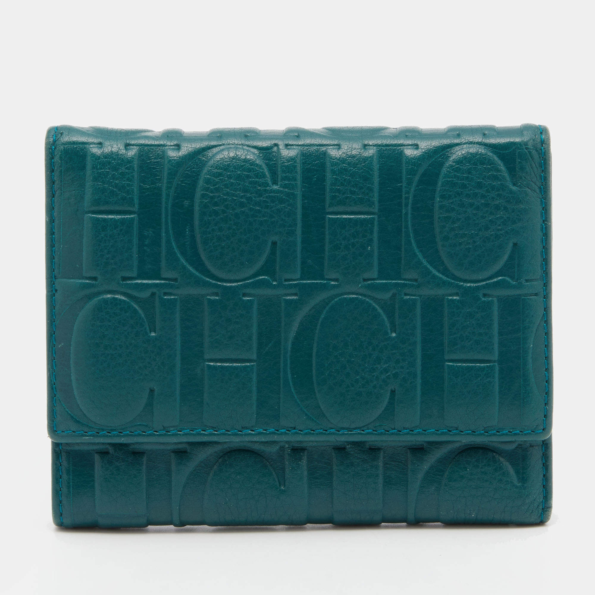 Pre Owned CH Carolina Herrera Teal Embossed Leather Trifold Compact Wallet