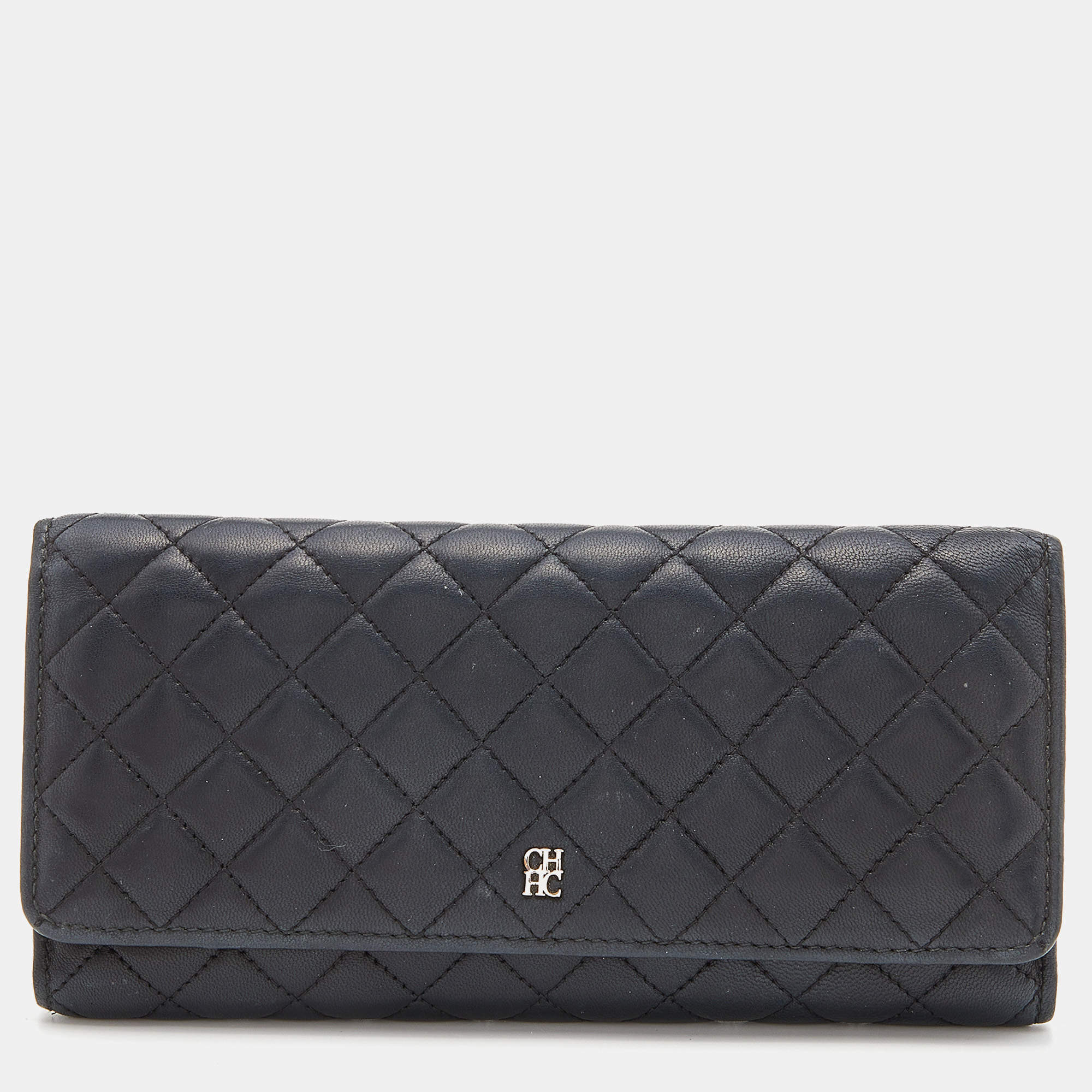 Pre Owned CH Carolina Herrera Black Quilted Leather Continental Wallet