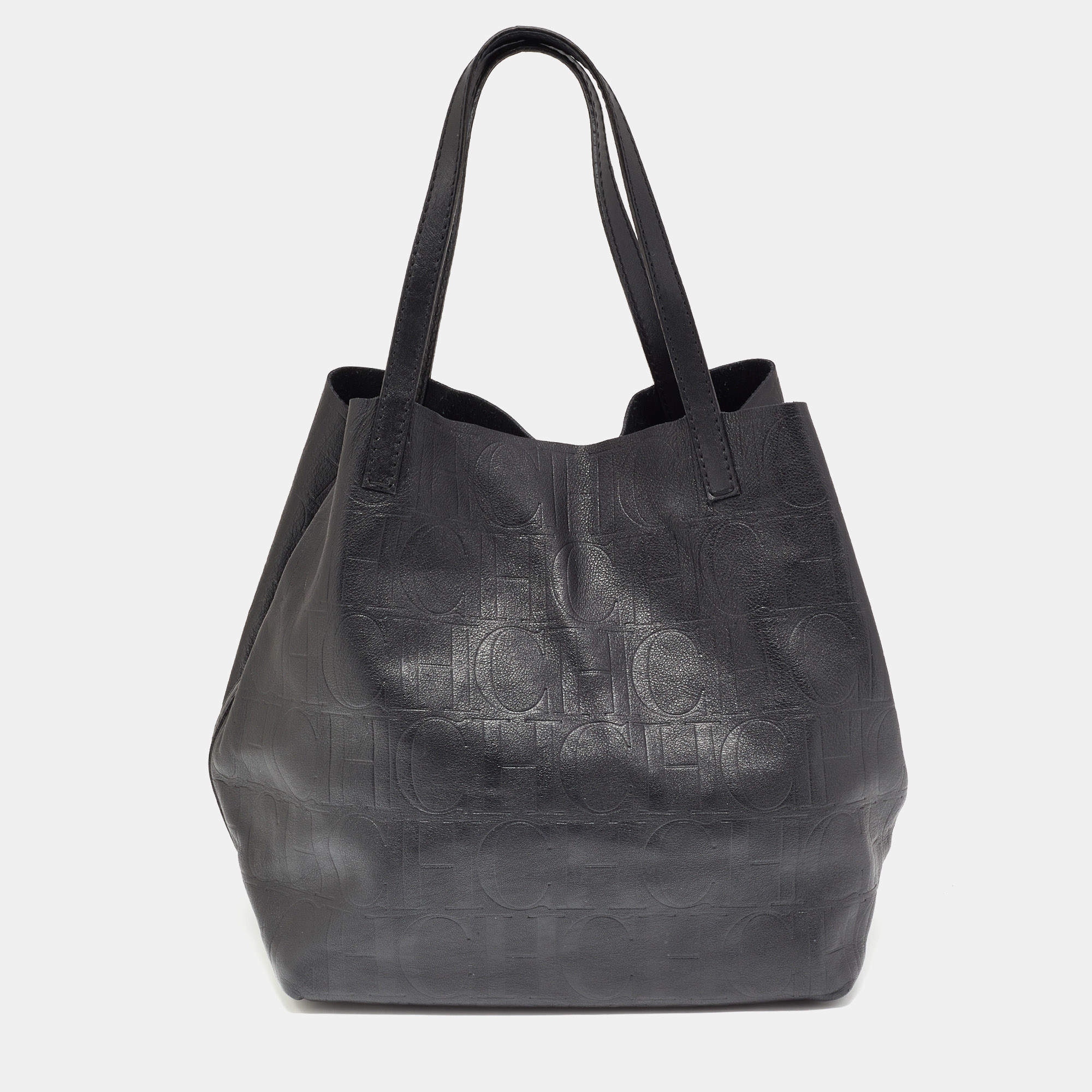 Pre Owned CH Carolina Herrera Black Monogram Leather Matryoshka Tote