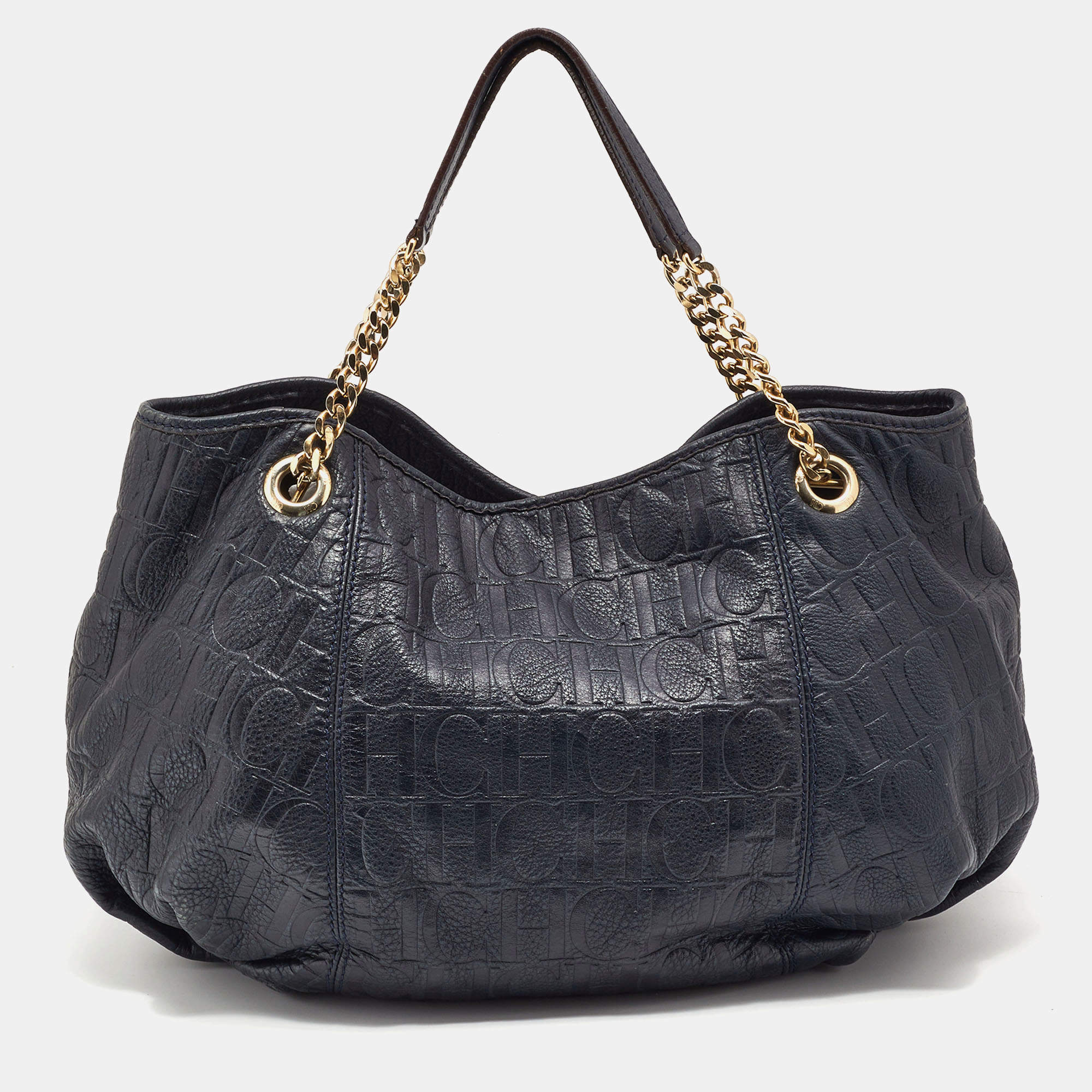 Pre Owned CH Carolina Herrera Blue Monogram Leather Poppy Hobo