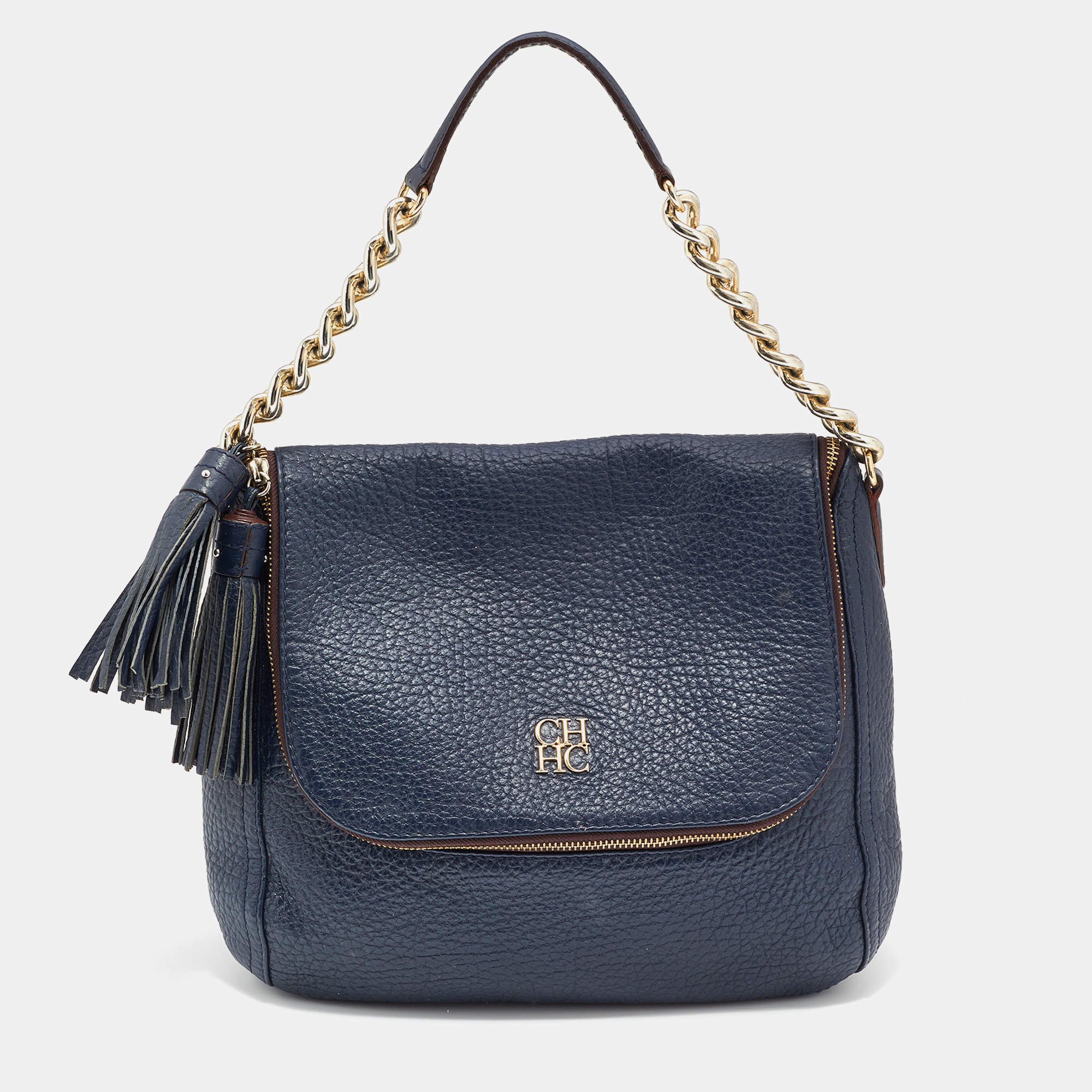 Pre Owned CH Carolina Herrera Navy Blue Leather Tassel Hobo