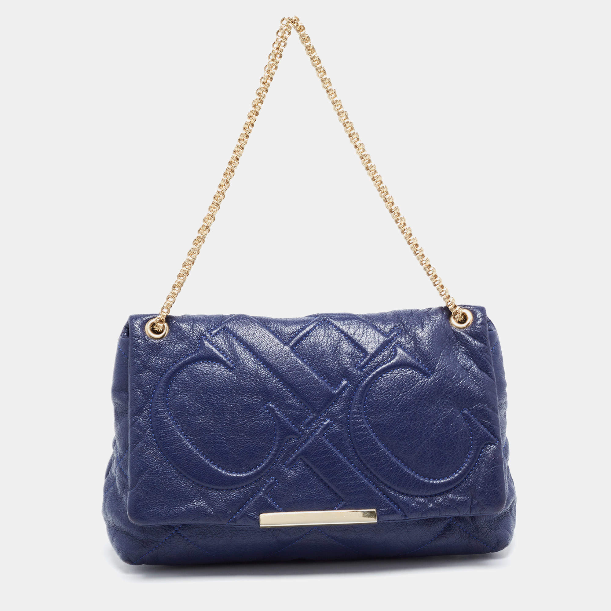 Pre Owned Carolina Herrera Blue Logo Embossed Leather Metal Flap Shoulder Bag