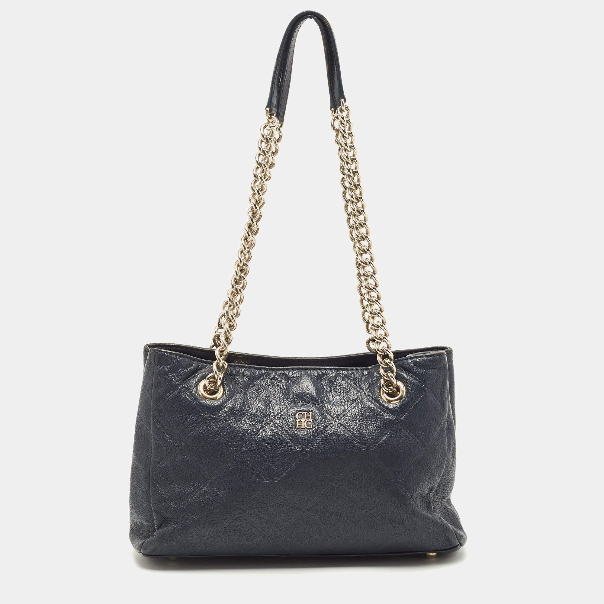 مملوكة مسبقًا CH Carolina Herrera Navy Blue Diamond Embossed Leather Chain Shoulder Bag