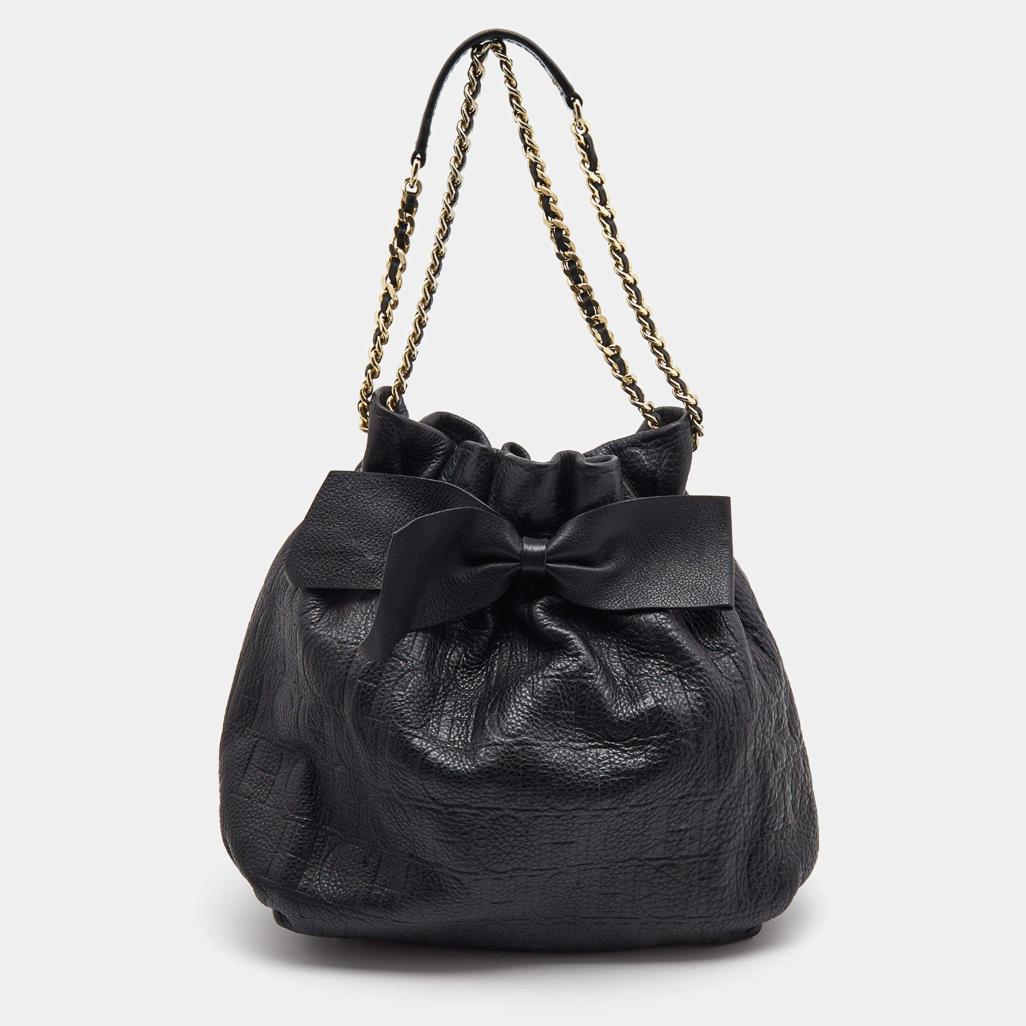 مملوكة مسبقًا CH Carolina Herrera Black Embossed Leather Bow Bucket Shoulder Bag