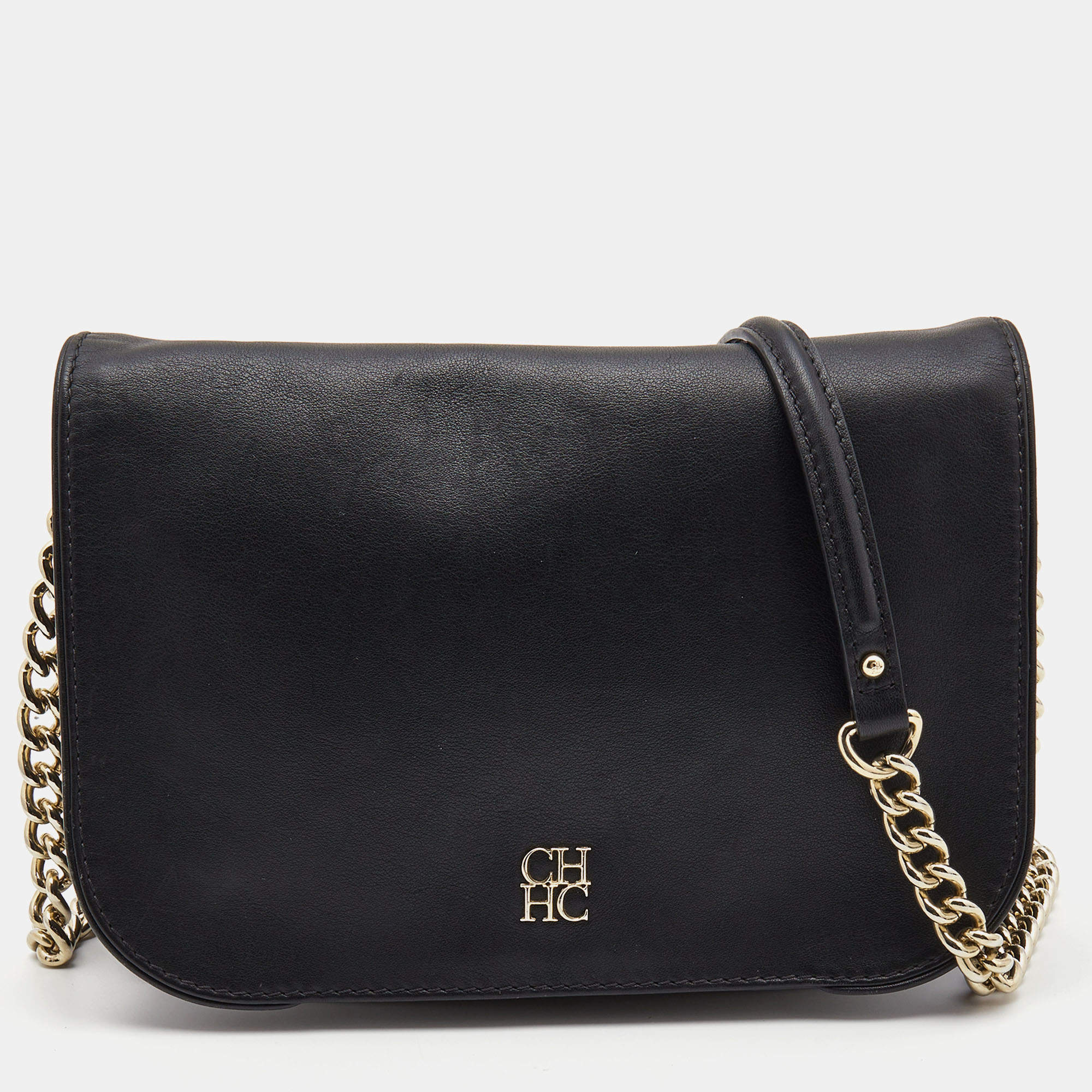 Pre Owned CH Carolina Herrera Black Leather New Baltazar Flap Shoulder Bag