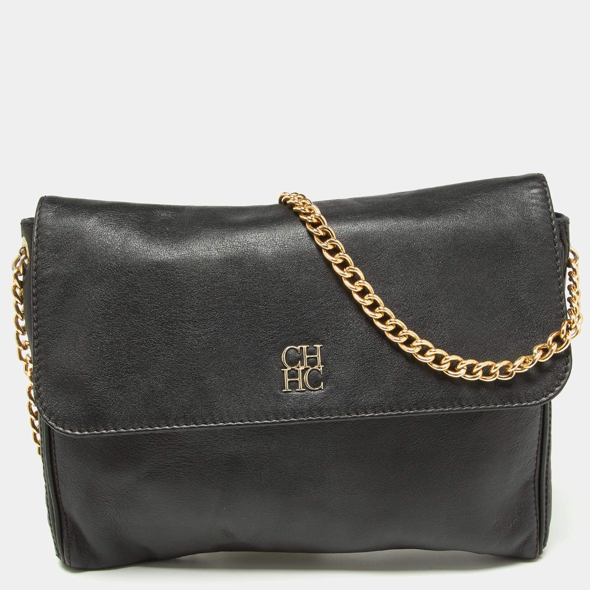 Pre Owned CH Carolina Herrera Black Leather Flap Shoulder Bag