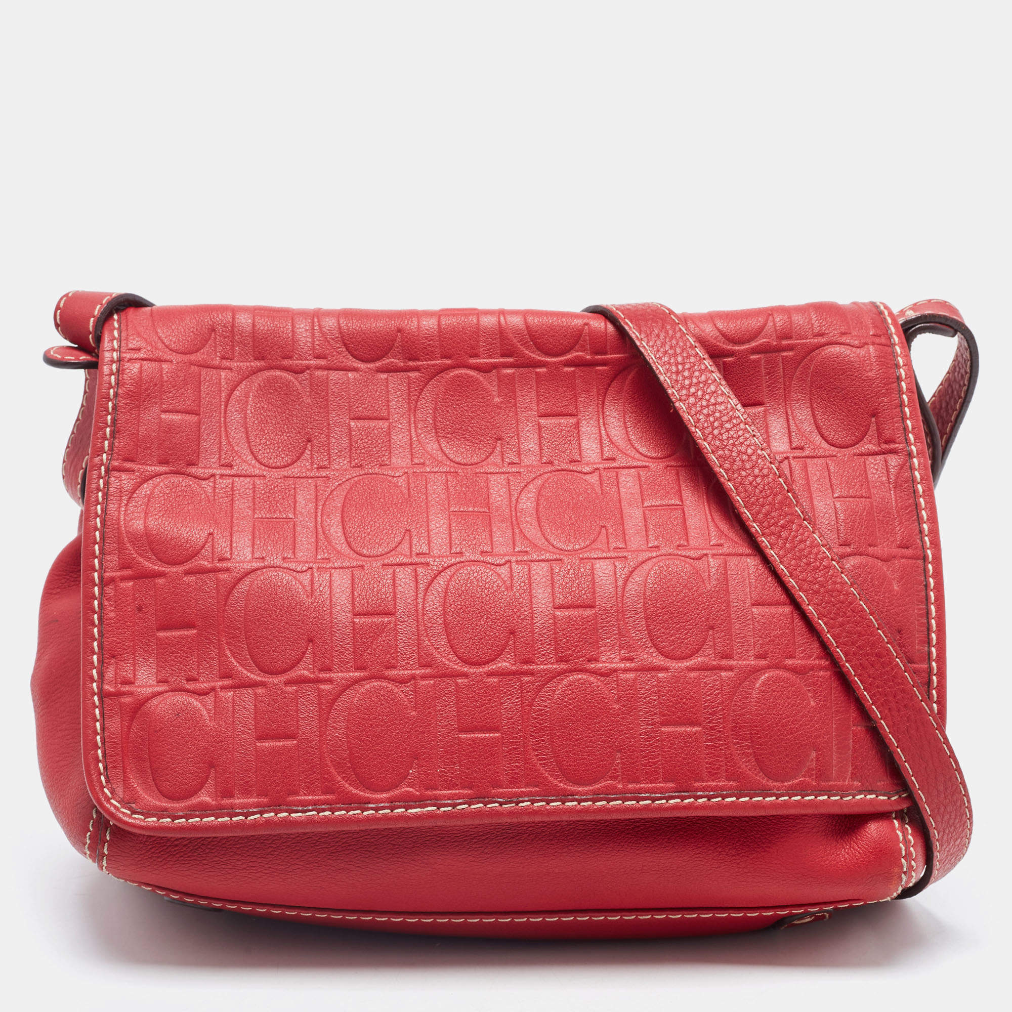 مملوكة مسبقًا Carolina Herrera Red Monogram Embossed Leather Flap Shoulder Bag