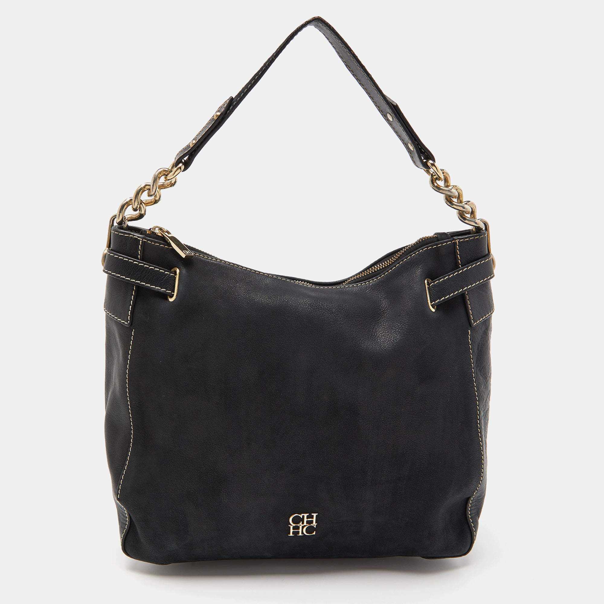 Pre Owned CH Carolina Herrera Black Nubuck and Leather Chain Hobo