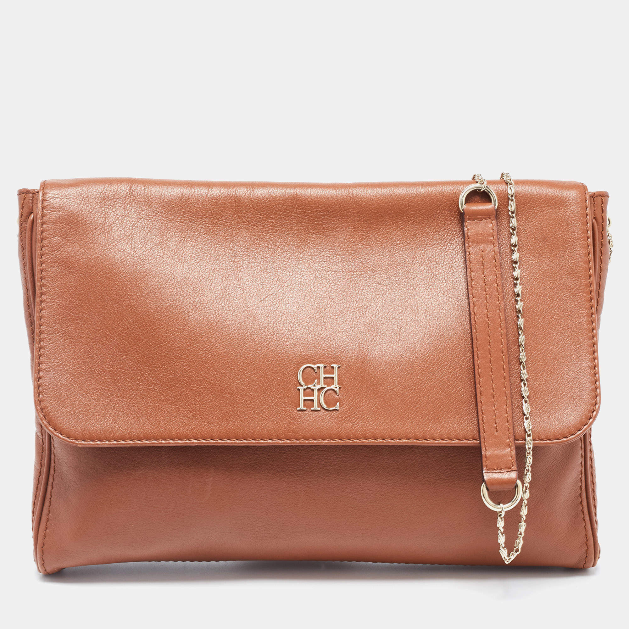 Pre Owned Carolina Herrera Brown Leather Flap Chain Shoulder Bag