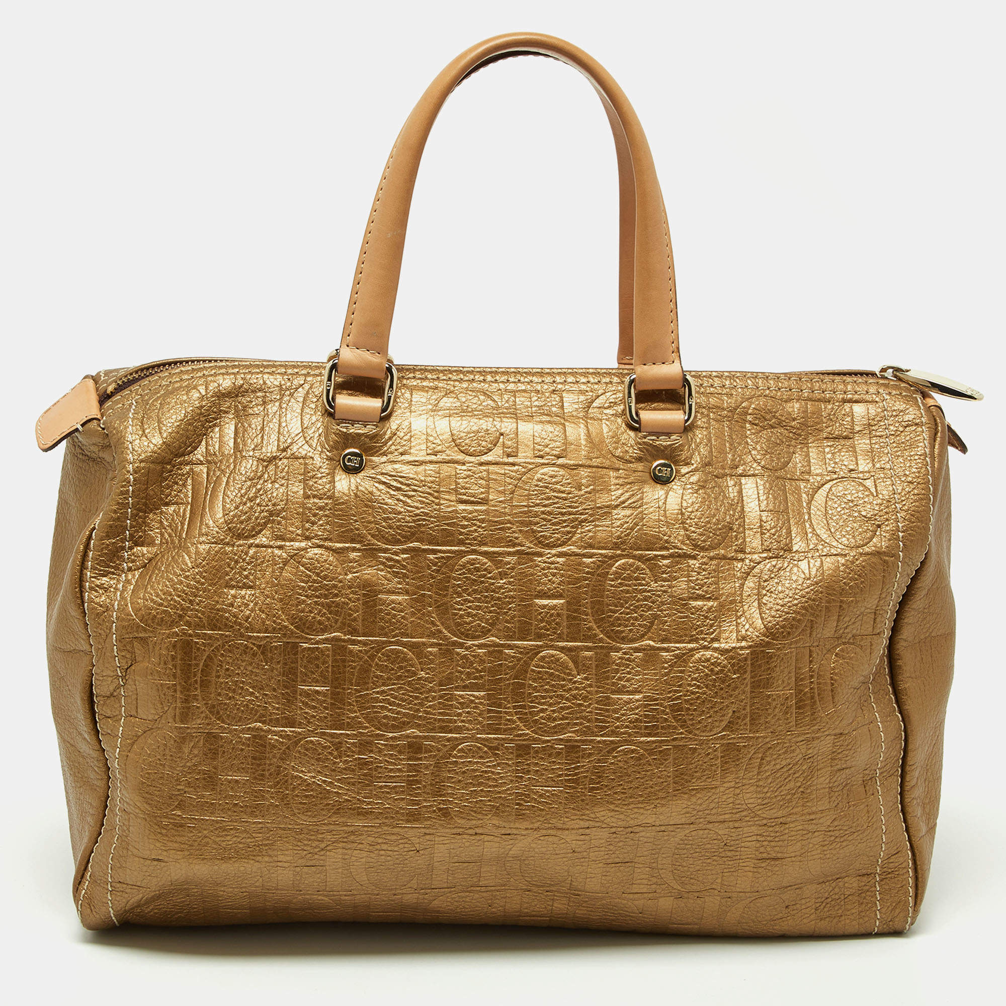 Pre Owned CH Carolina Herrera Metallic Gold Monogram Leather Large Andy Boston Bag