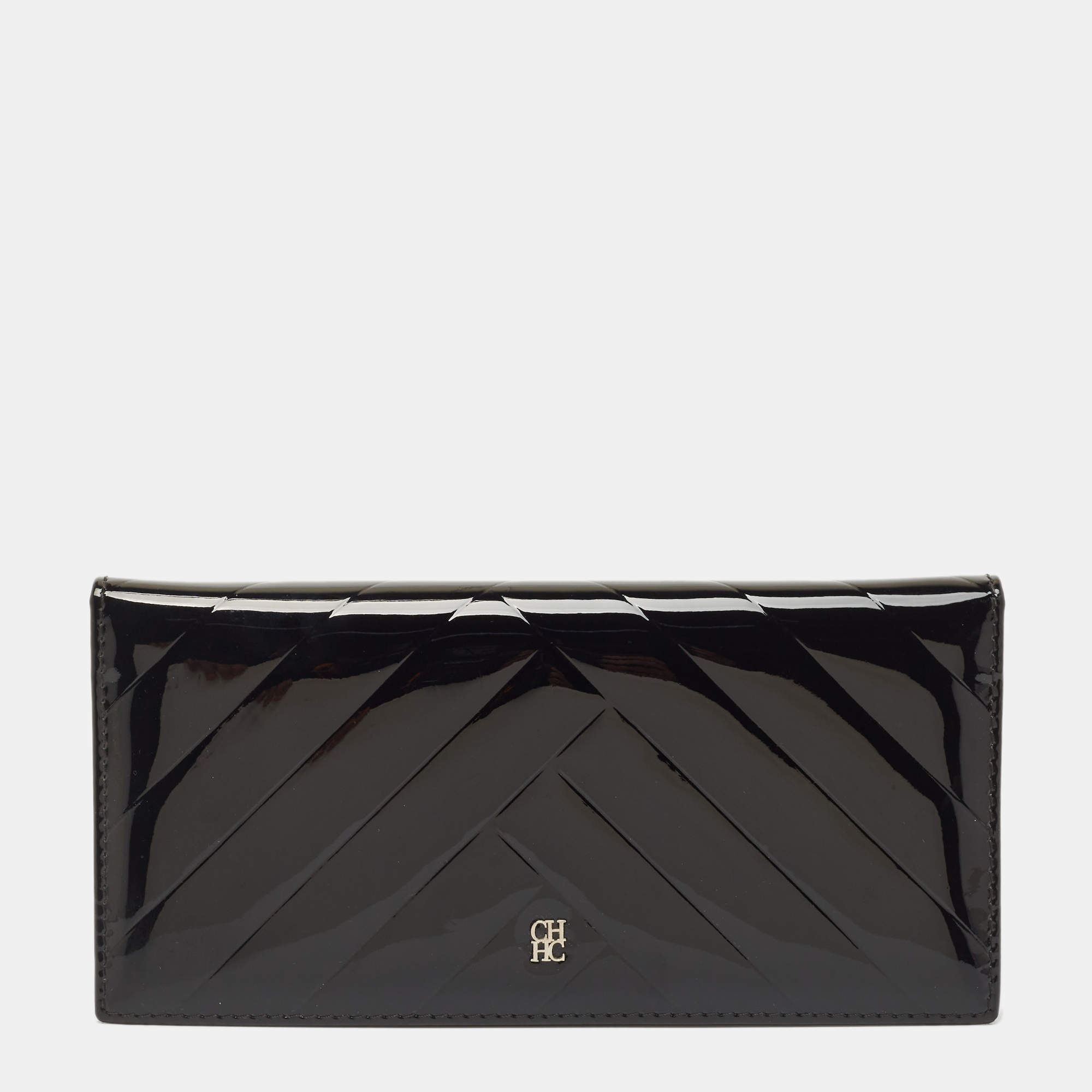 Pre Owned CH Carolina Herrera Black Chevron Patent Leather Continental Wallet