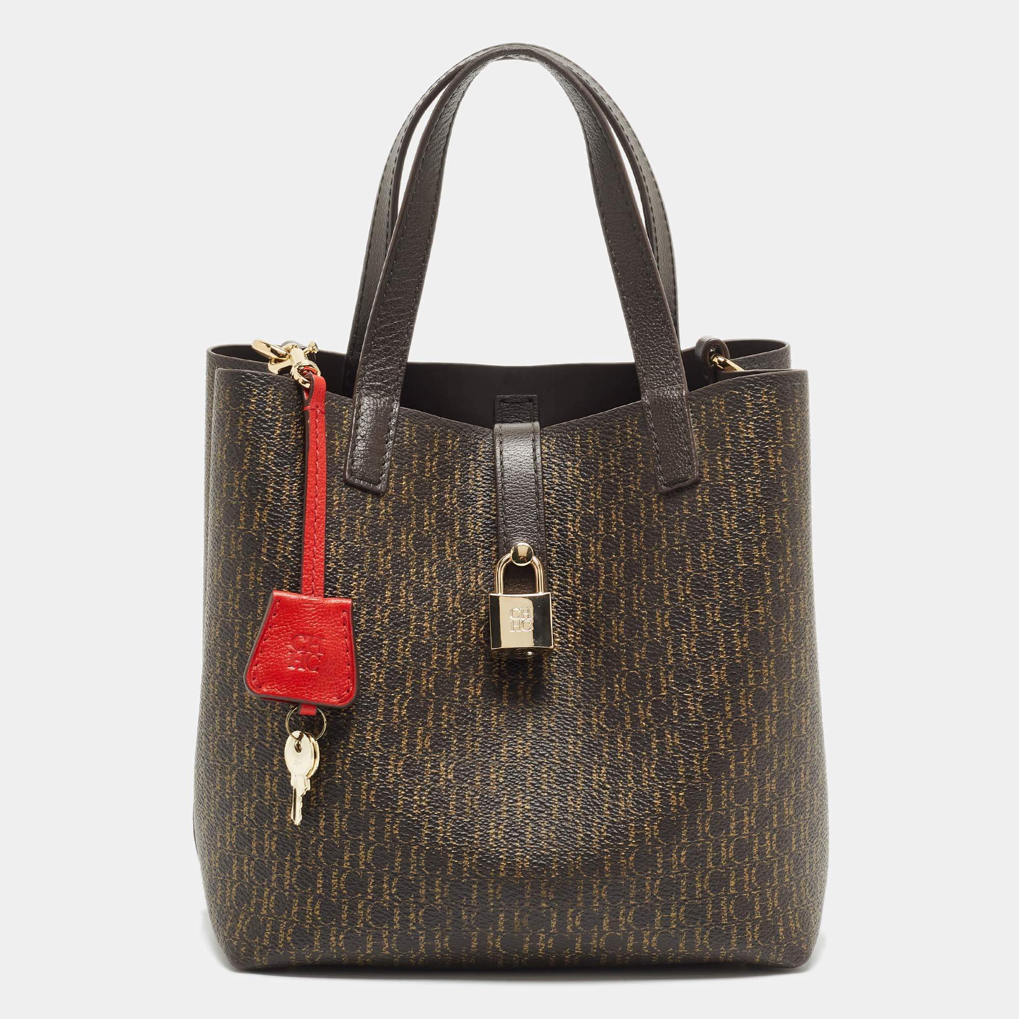 CH Carolina Herrera Choco Brown Signature Coated Canvas and Leather Matryoshka Padlock Tote