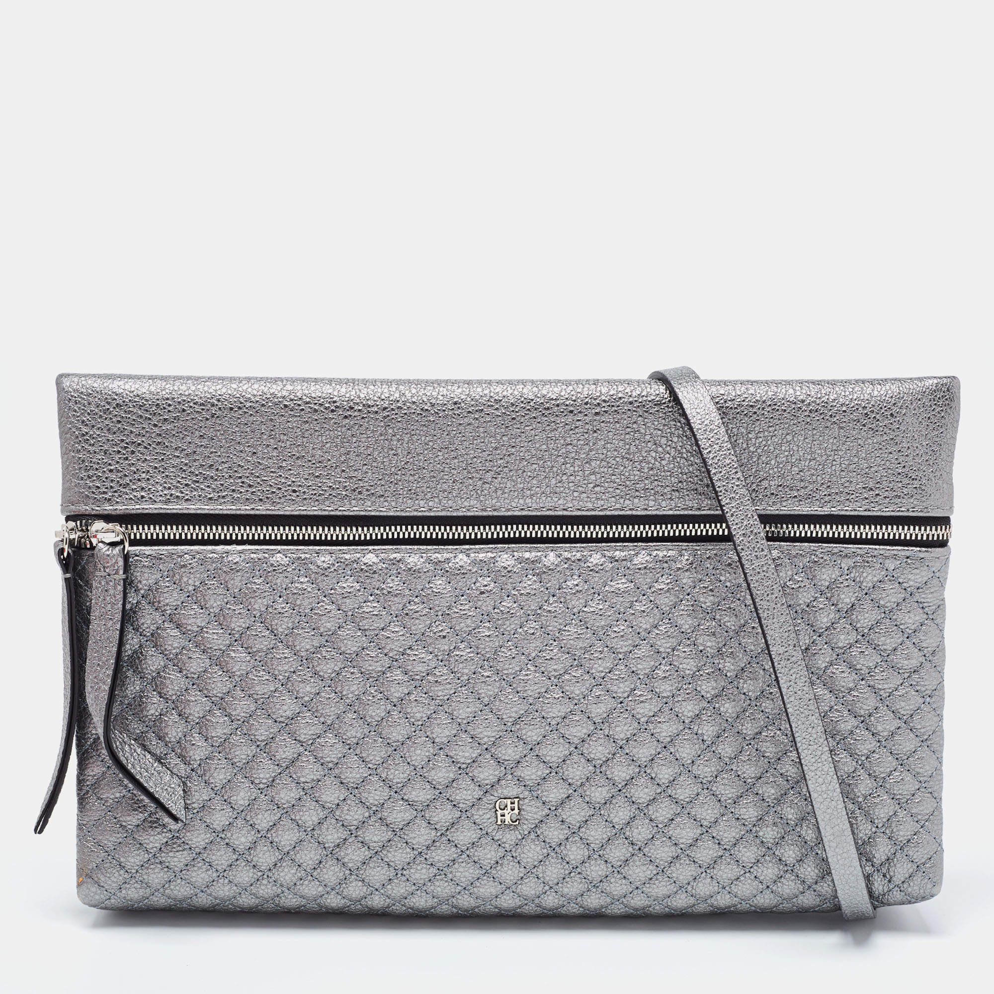 Pre Owned CH Carolina Herrera Metallic Grey Quilted Leather Front Zip Crossbody Bag