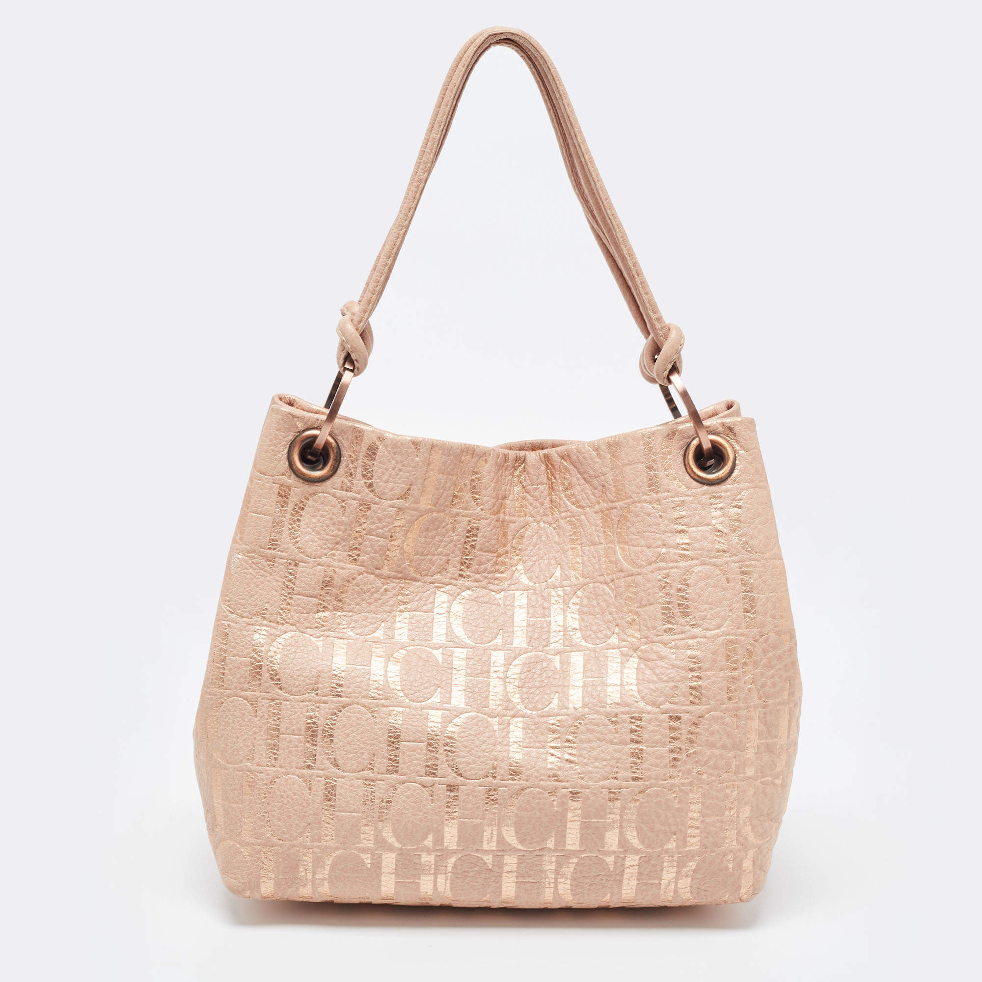مملوكة مسبقًا CH Carolina Herrera Rose Gold Monogram Embossed Leather Shoulder Bag
