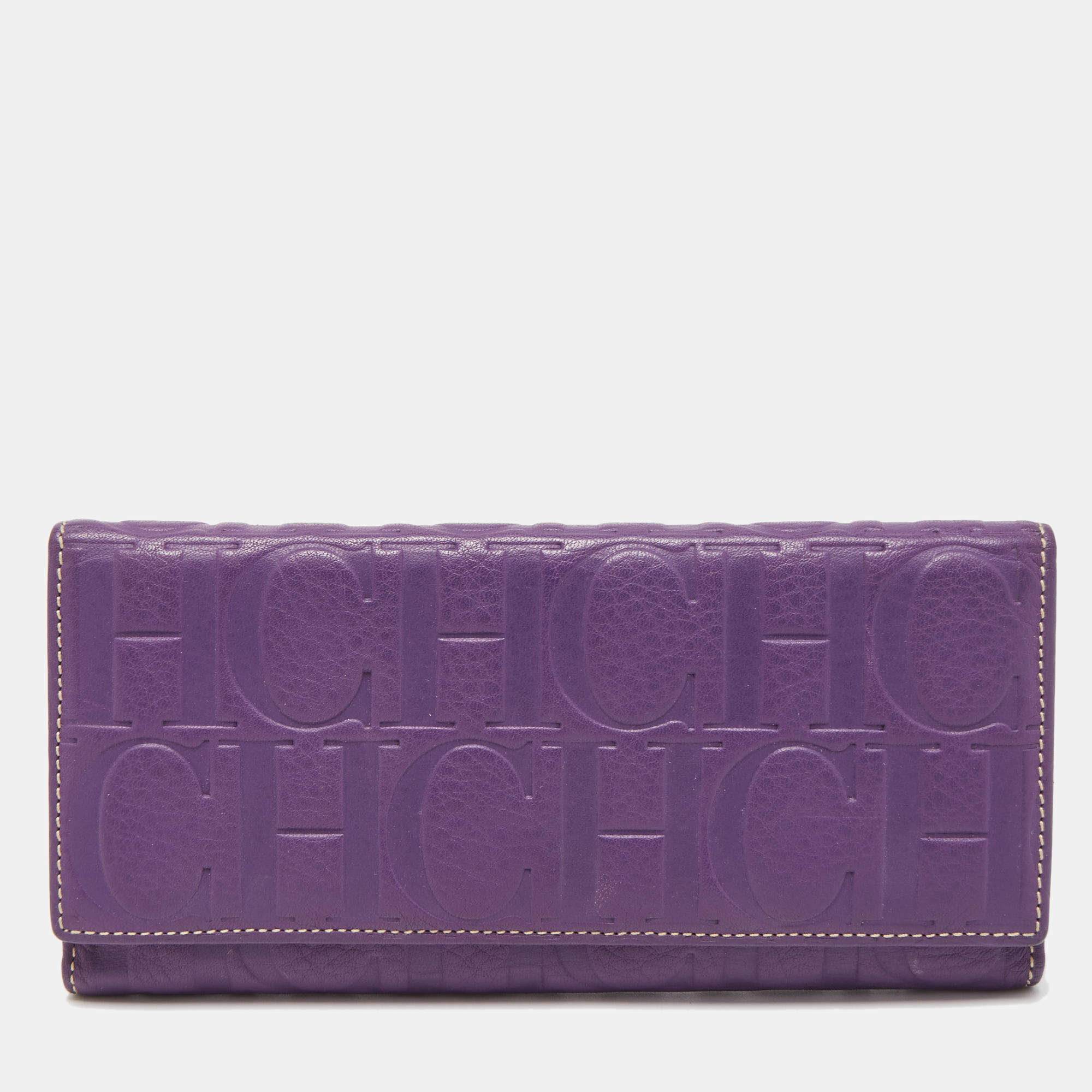 Pre Owned CH Carolina Herrera Purple Monogram Embossed Leather Flap Continental Wallet