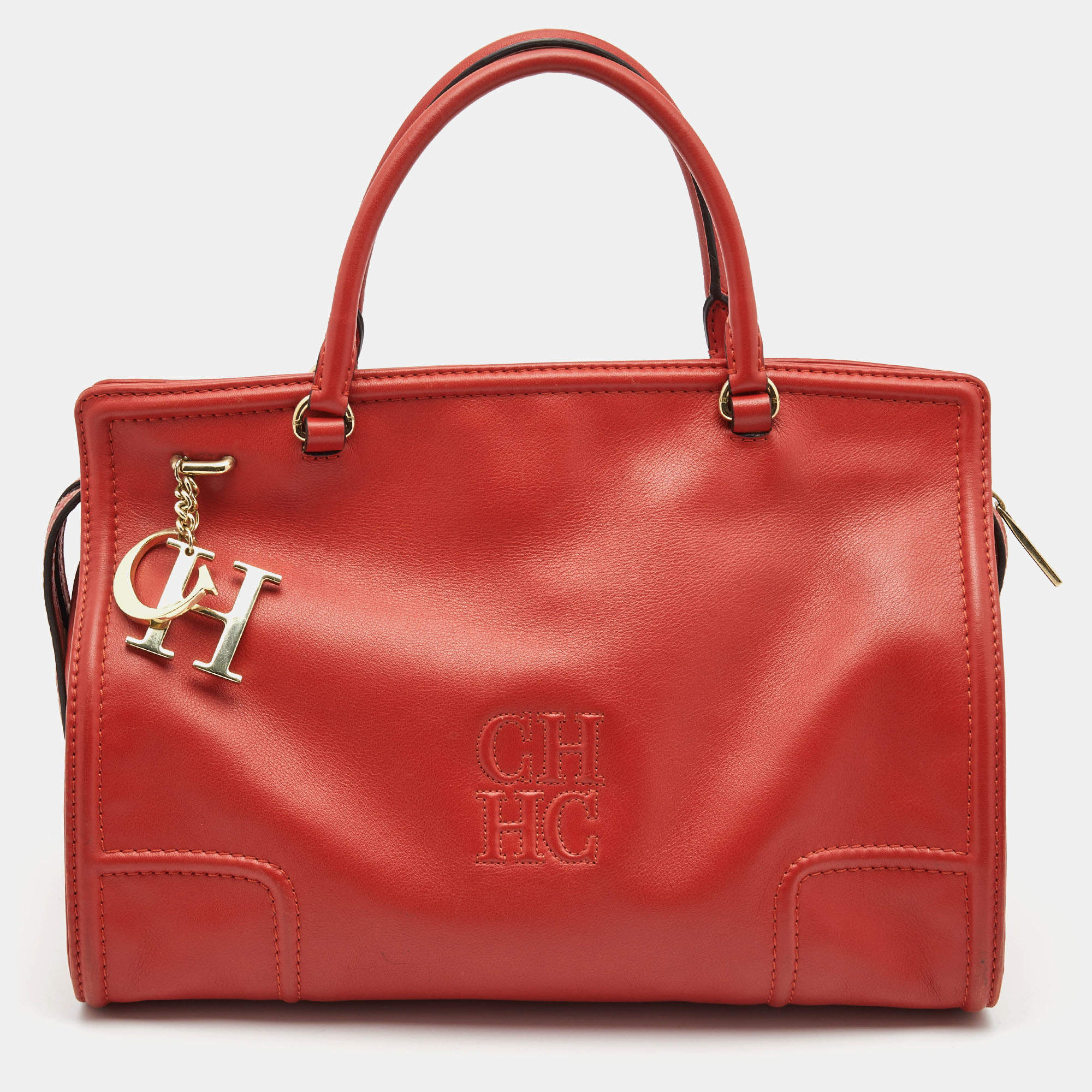 Pre Owned Carolina Herrera Red Leather Logo Charm Tote