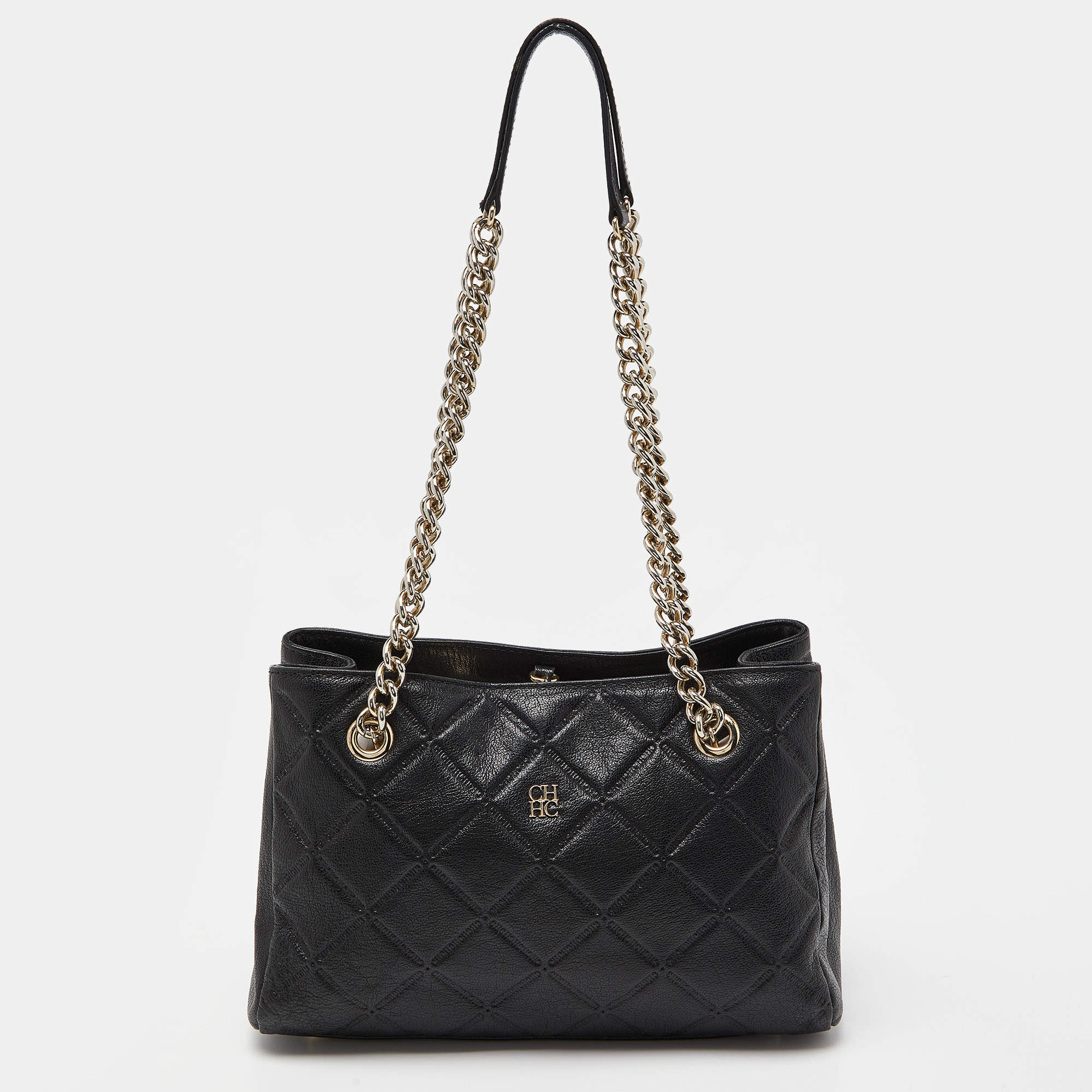 Pre Owned CH Carolina Herrera Black Quilt Patern Leather Chain Tote