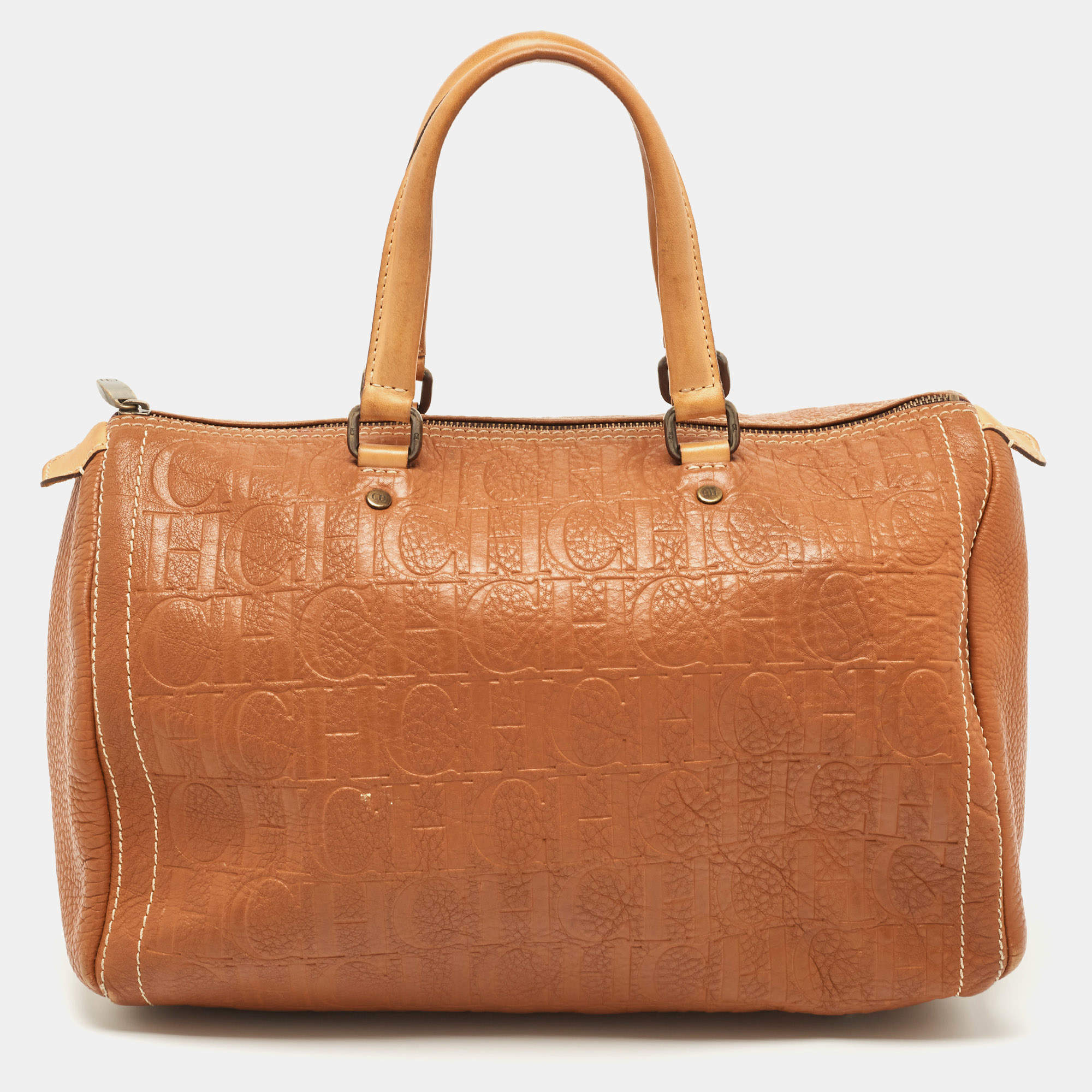 Pre Owned CH Carolina Herrera Brown Monogram Leather Large Andy Boston Bag