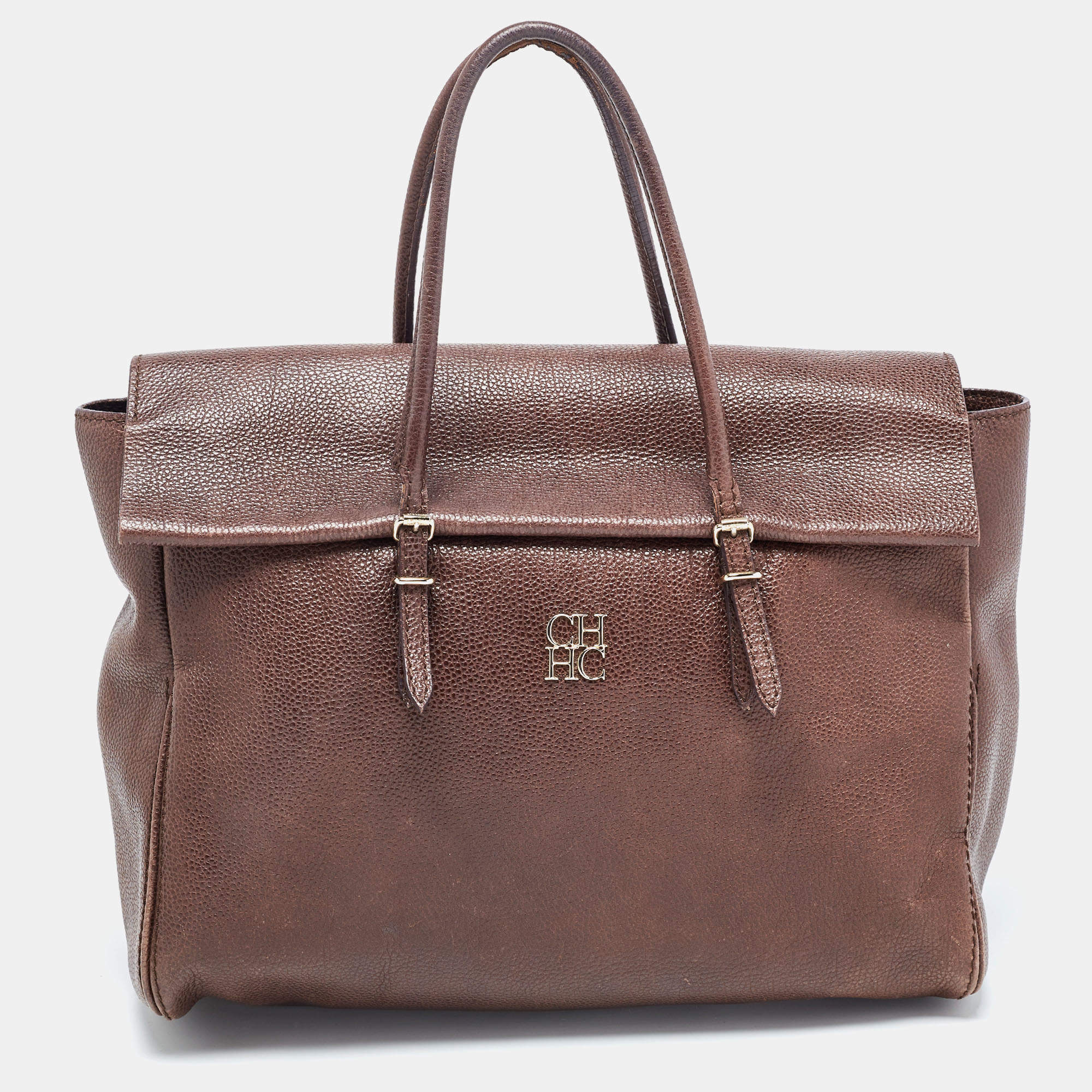 Pre Owned Carolina Herrera Brown Leather Minuetto Flap Top Handle Bag