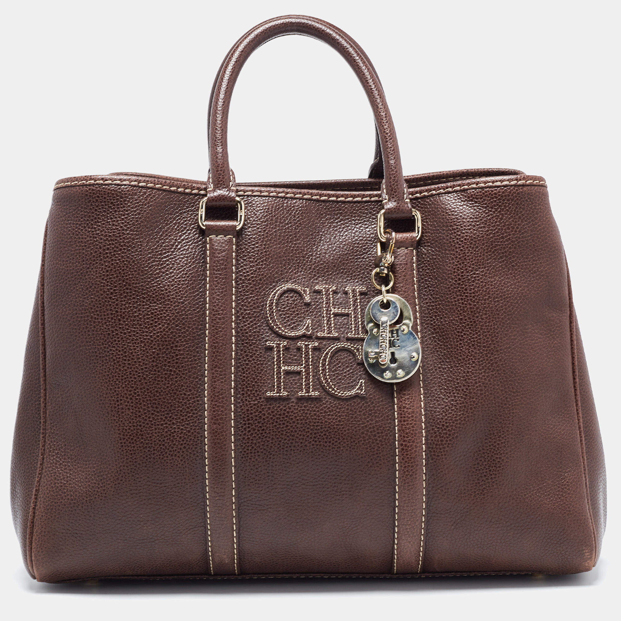 Pre Owned CH Carolina Herrera Brown Grained Leather Matteo Tote