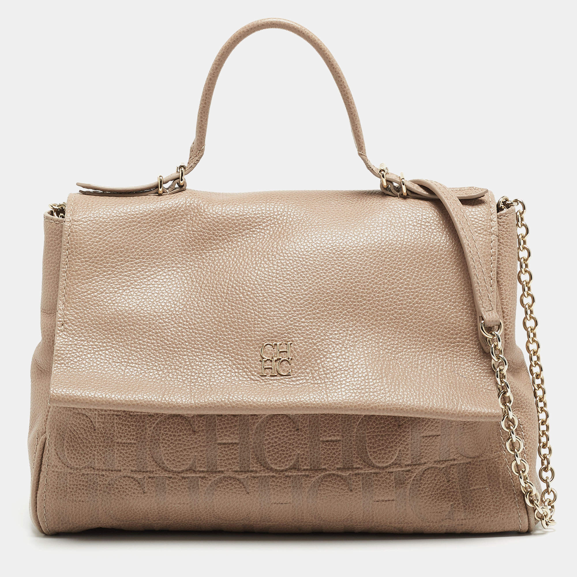 Pre Owned CH Carolina Herrera Beige Leather Minuetto Flap Top Handle Bag